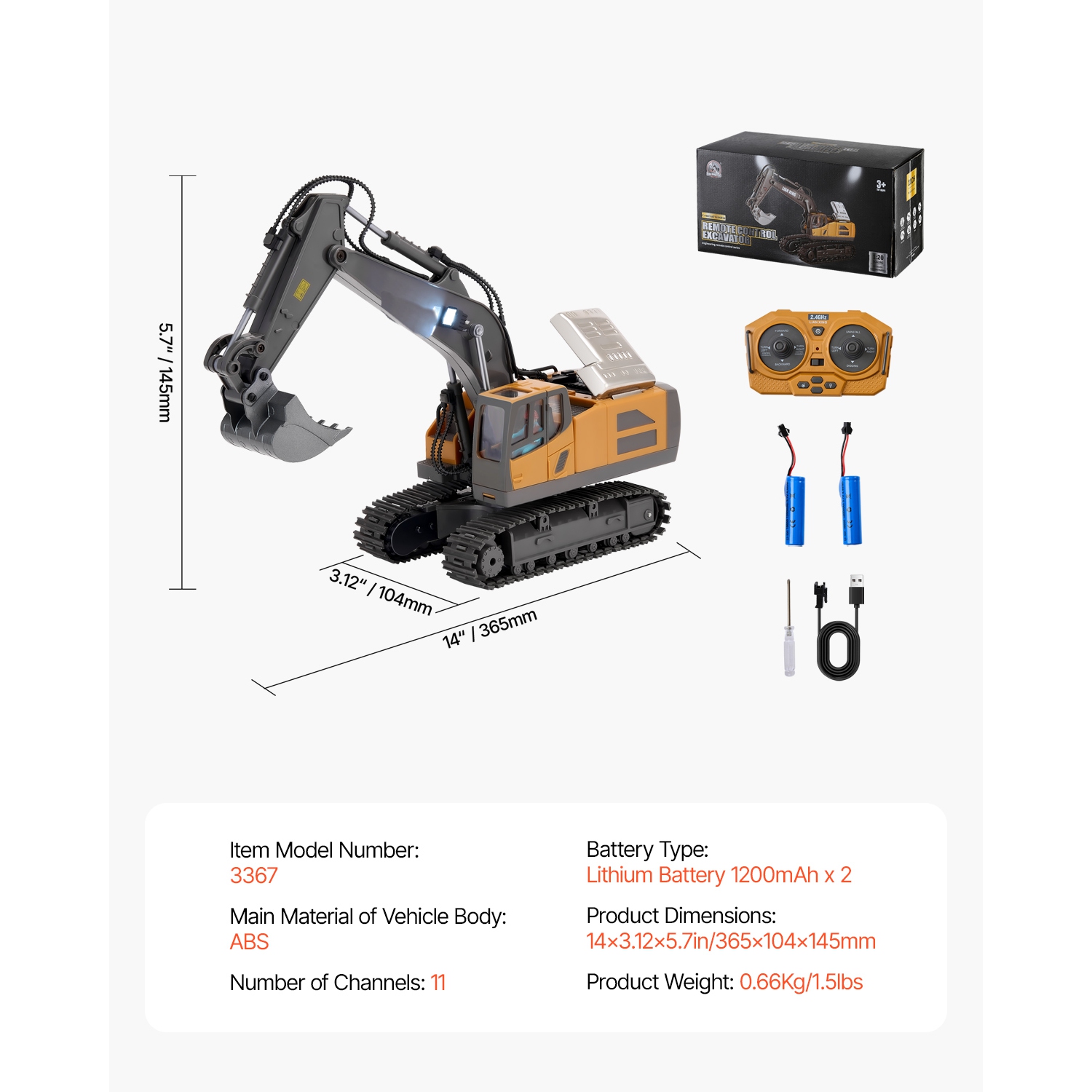 VEVOR 11 Channel Remote Control Excavator Toy, 1:20 Scale, RC Excavator with Lights & Sounds, Full Functional Construction Vehicles for Kids, 2