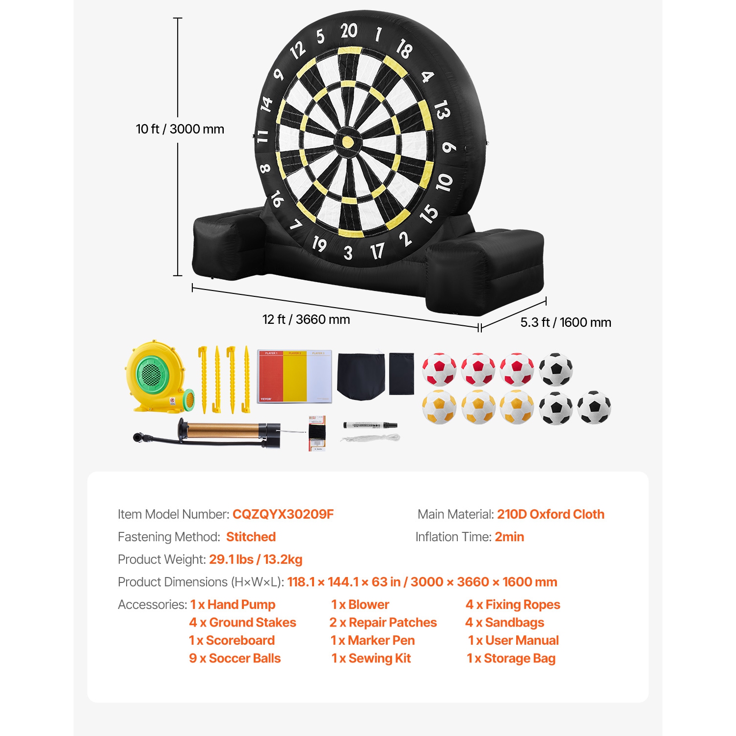 VEVOR 2-Minutes Setup 10 ft High Giant Inflatable Soccer Dart Board with 9 Kick Balls & Air Pump, Storage Bag for Easy Carrying, for Giant Yard