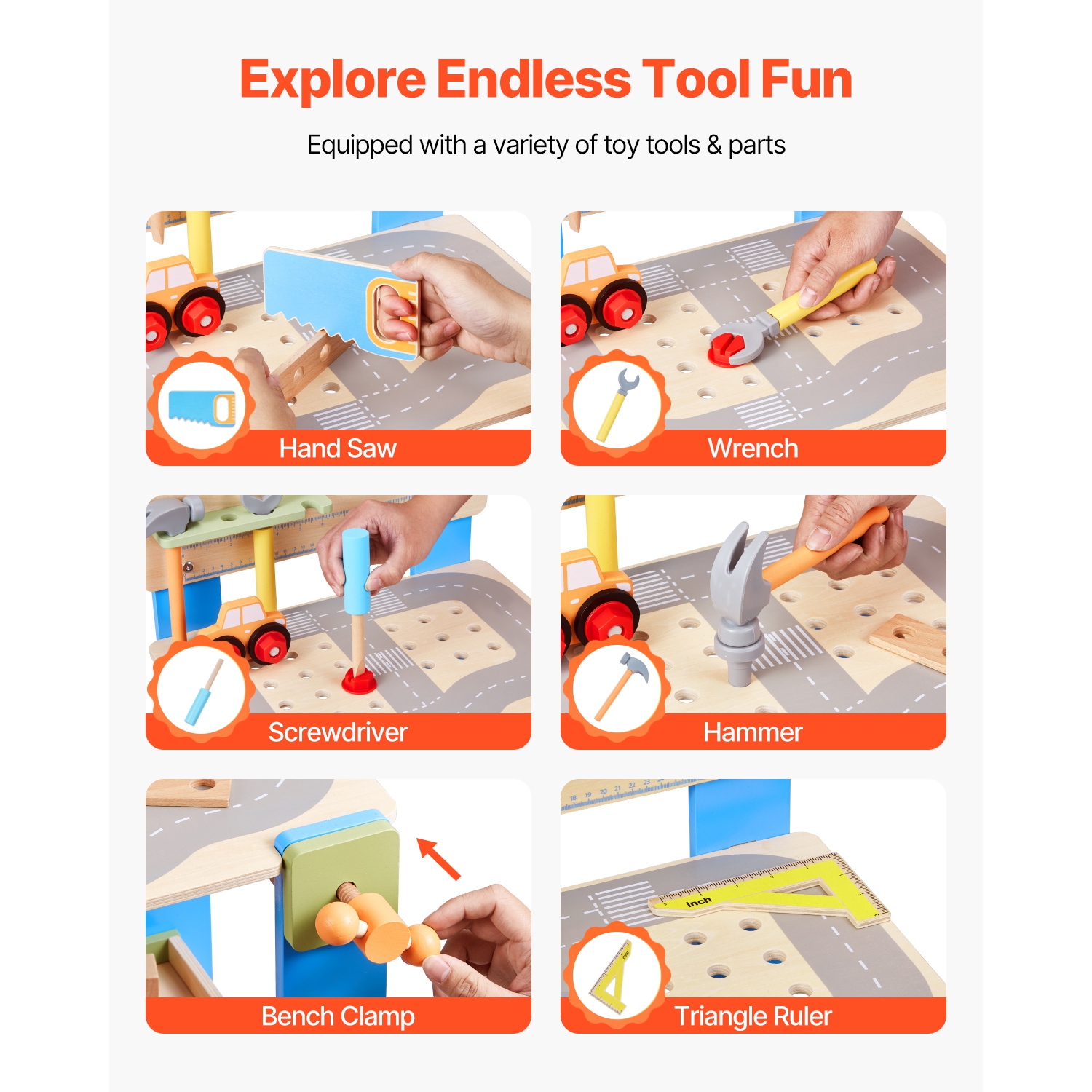 VEVOR 62 pcs Wooden Tool Bench for Kids 3 Years and Up, Toddler Toy Workbench with Realistic Tools, Building Toy Set Creative & Educational