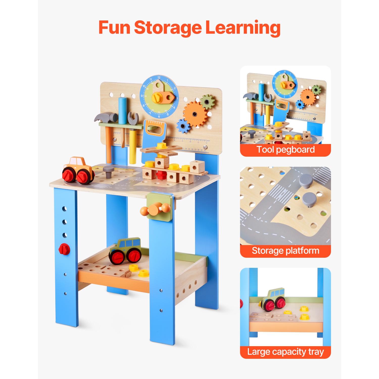 VEVOR 62 pcs Wooden Tool Bench for Kids 3 Years and Up, Toddler Toy Workbench with Realistic Tools, Building Toy Set Creative & Educational