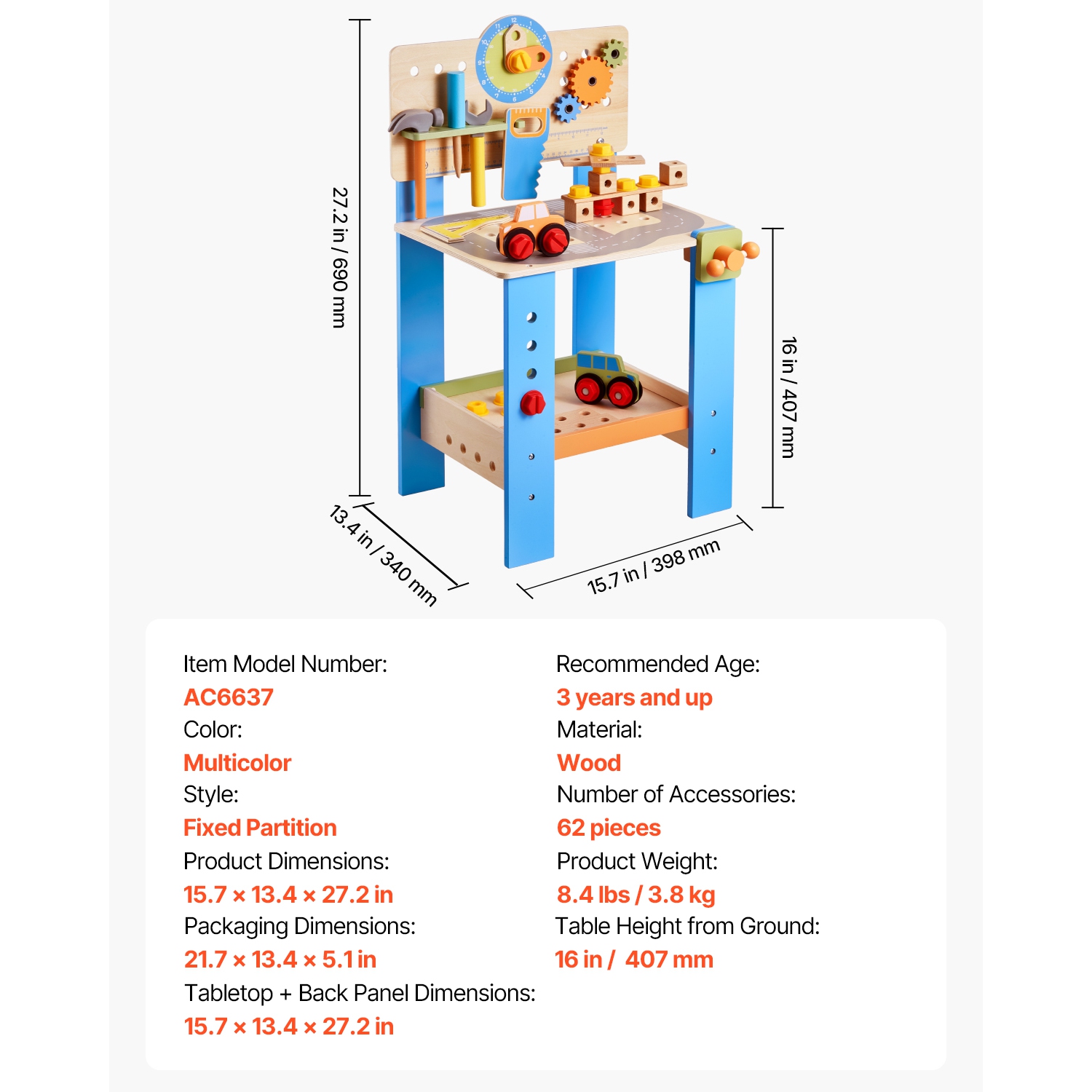 VEVOR 62 pcs Wooden Tool Bench for Kids 3 Years and Up, Toddler Toy Workbench with Realistic Tools, Building Toy Set Creative & Educational