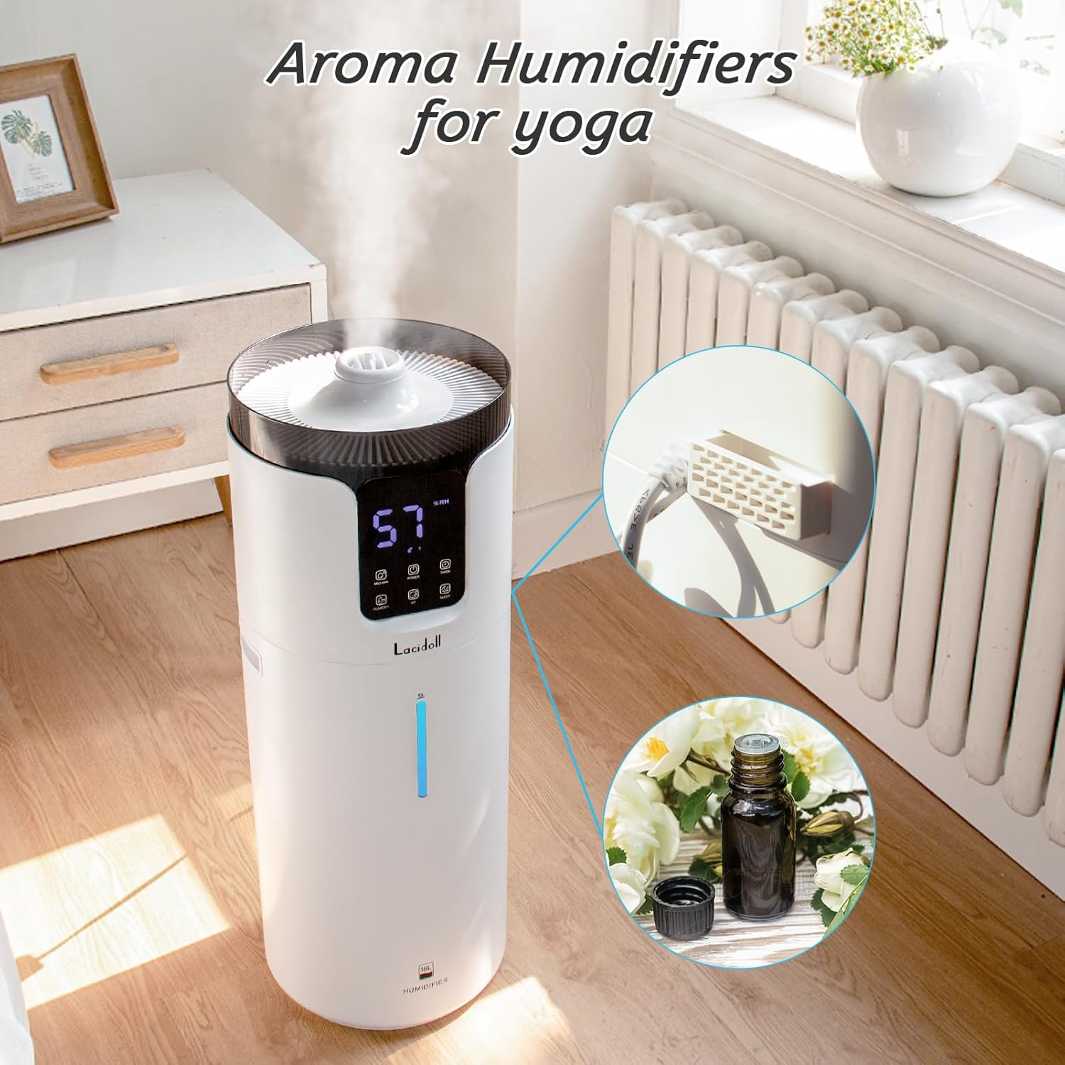 Lacidoll Humidifier large room 16L- Whole house Humidifier for Home 1500 sq.ft. Ultrasonic Cool Mist Humidifiers for Bedroom with Extension Tube &