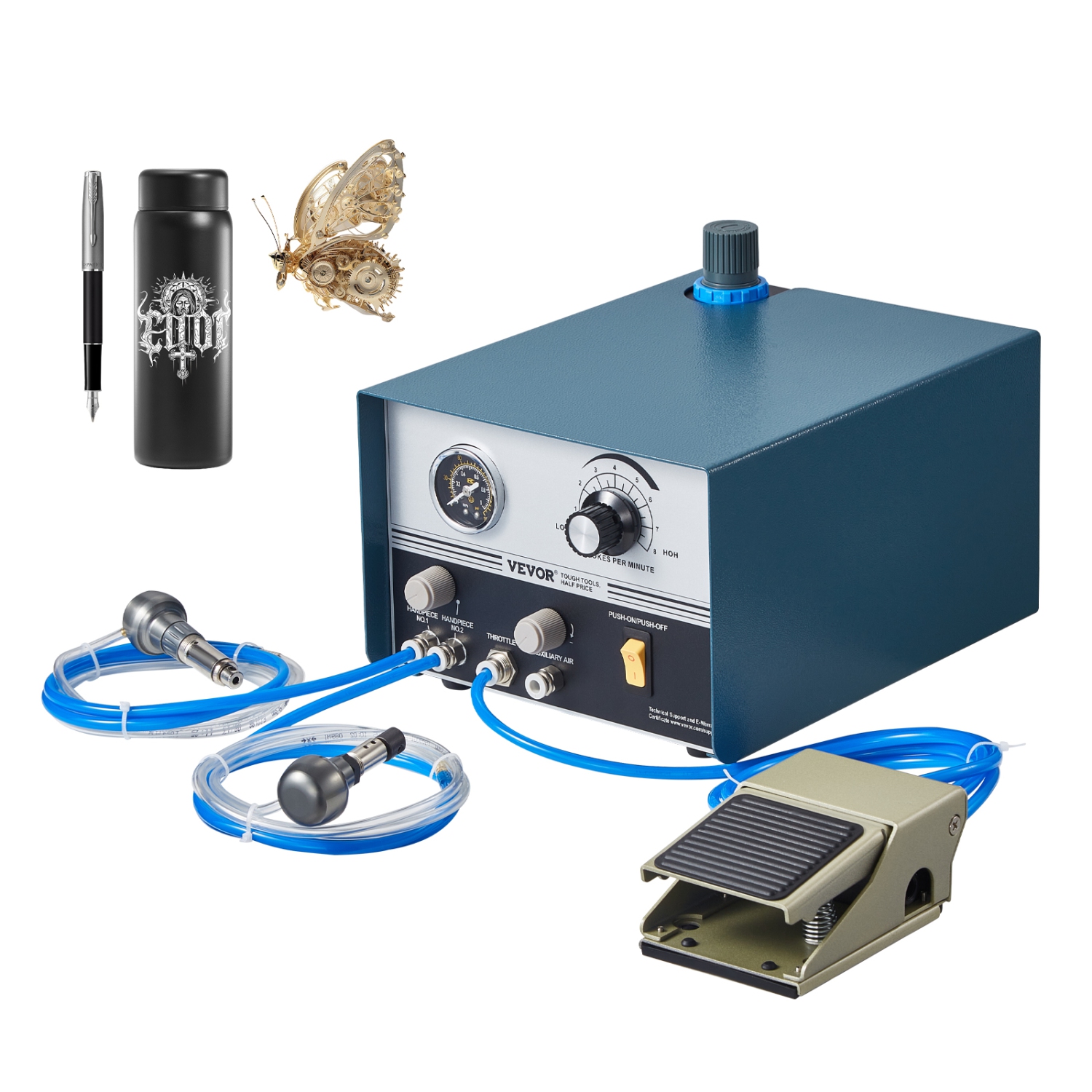 VEVOR 1200-6000 RPM Pneumatic Jewelry Engraver, 60W Dual Head Pneumatic, DIY Impact Engraver with Large Pedal, Stone Setting Tools Engraver for