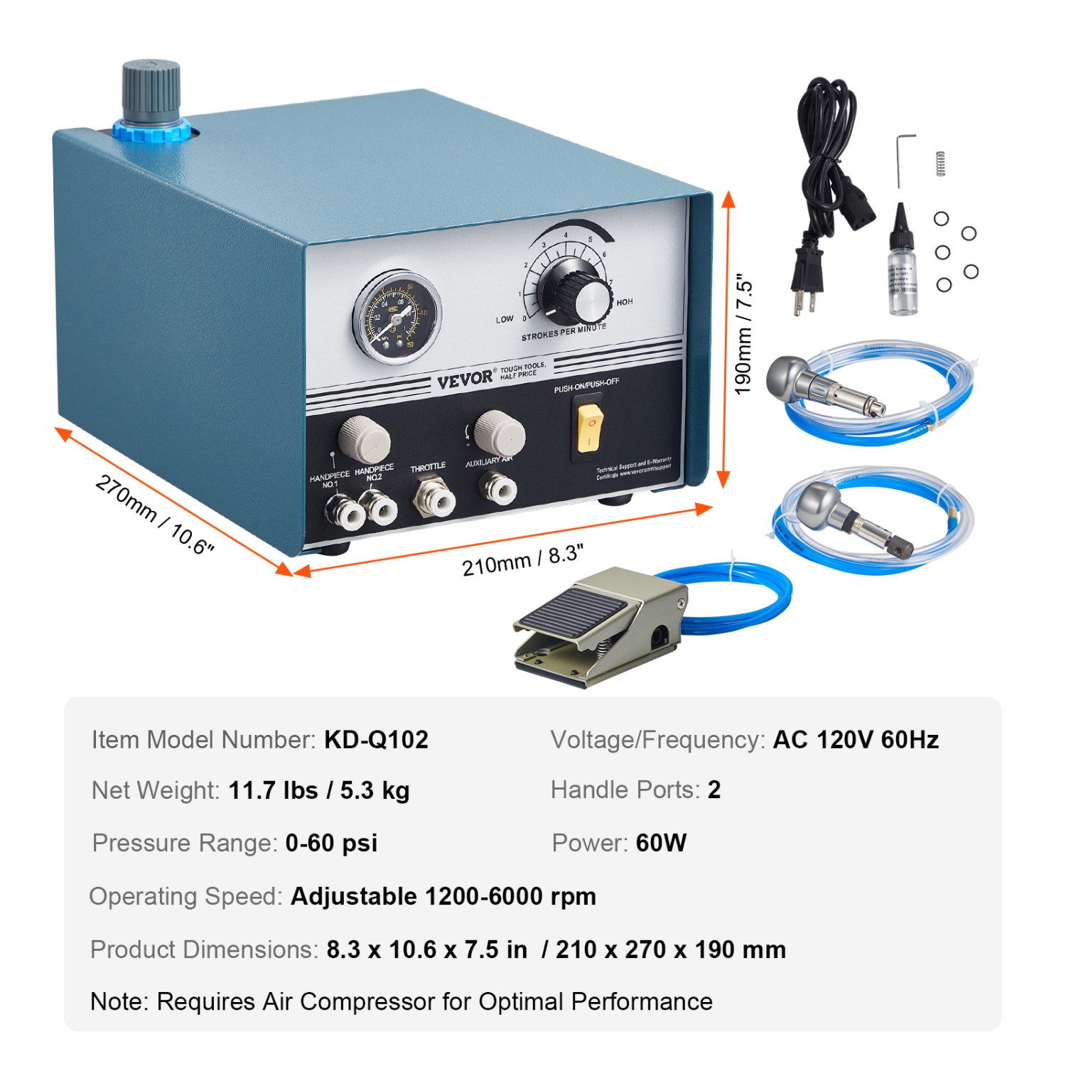 VEVOR 1200-6000 RPM Pneumatic Jewelry Engraver, 60W Dual Head Pneumatic, DIY Impact Engraver with Large Pedal, Stone Setting Tools Engraver for