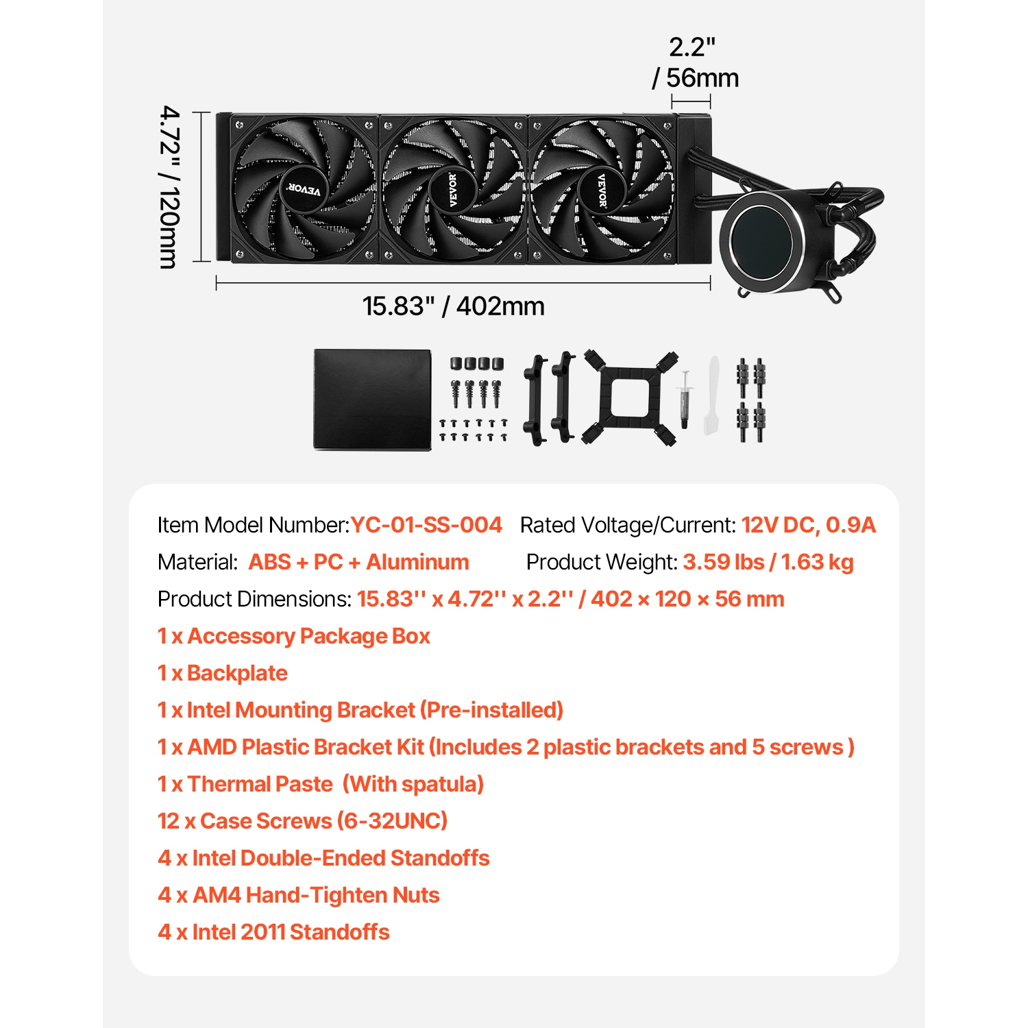 VEVOR 3 x 120mm PWN Fans CPU Liquid Cooler, AIO CPU Water Cooler, 2.1'' LCD Display, Max 2200PRM Black CPU Cooling Fan, Compatible for Intel