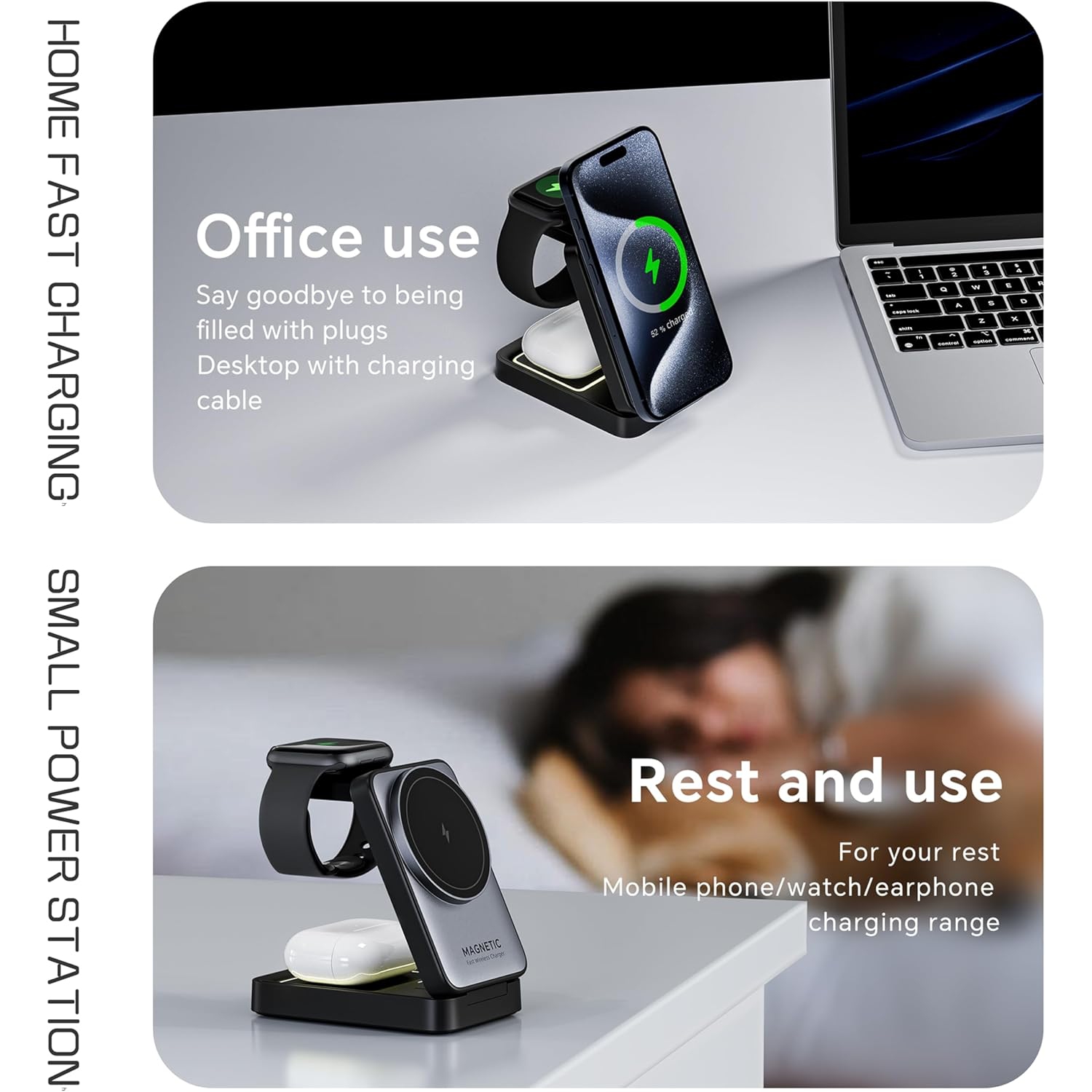 3-In-1 Wireless Charger for iPhone,15W Fast Charger Compatible with Magsafe Charger Stand,Foldable Charging Station for iPhone Airpod