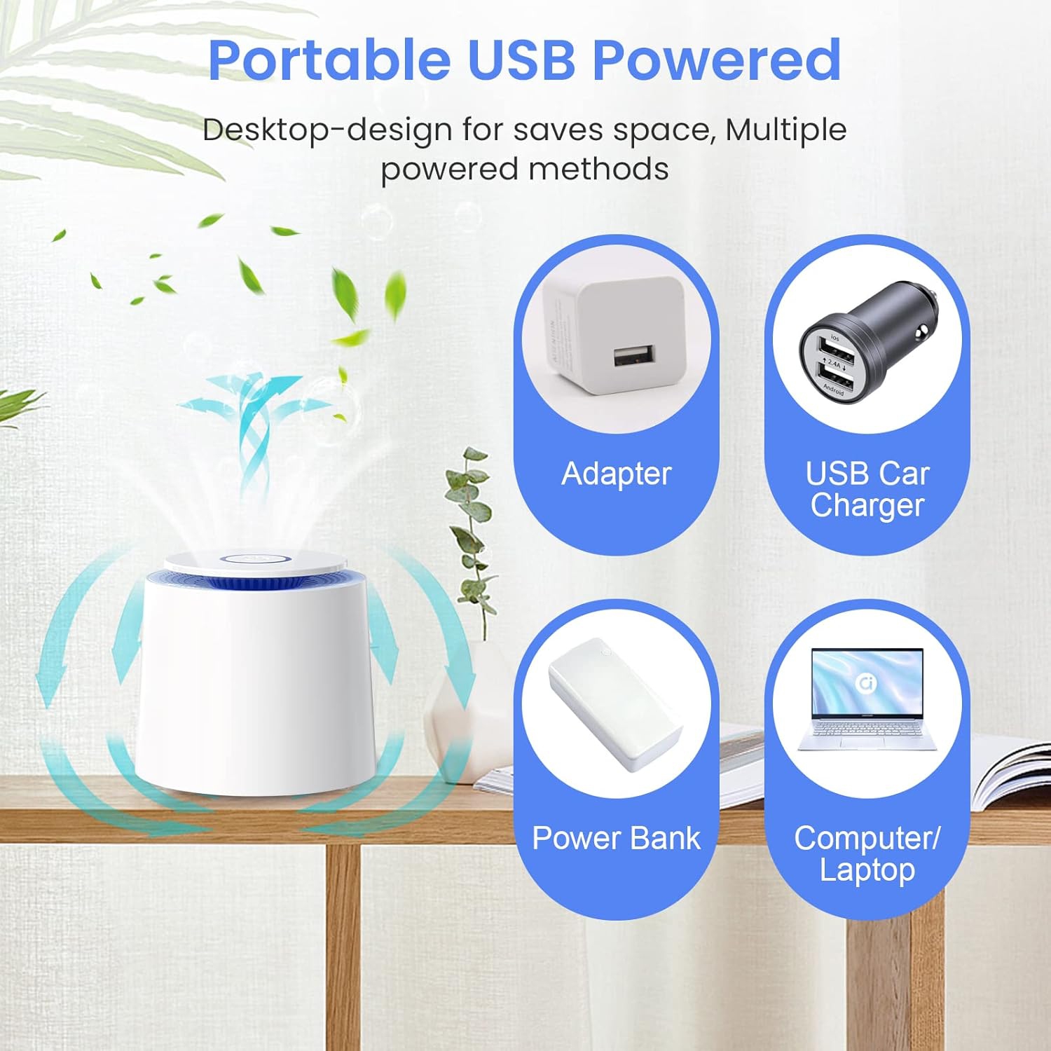 Purificateur d'air pour la maison avec filtres HEPA, purificateurs d'air portatifs à faible bruit, purificateur d'air rechargeable USB pour le bureau