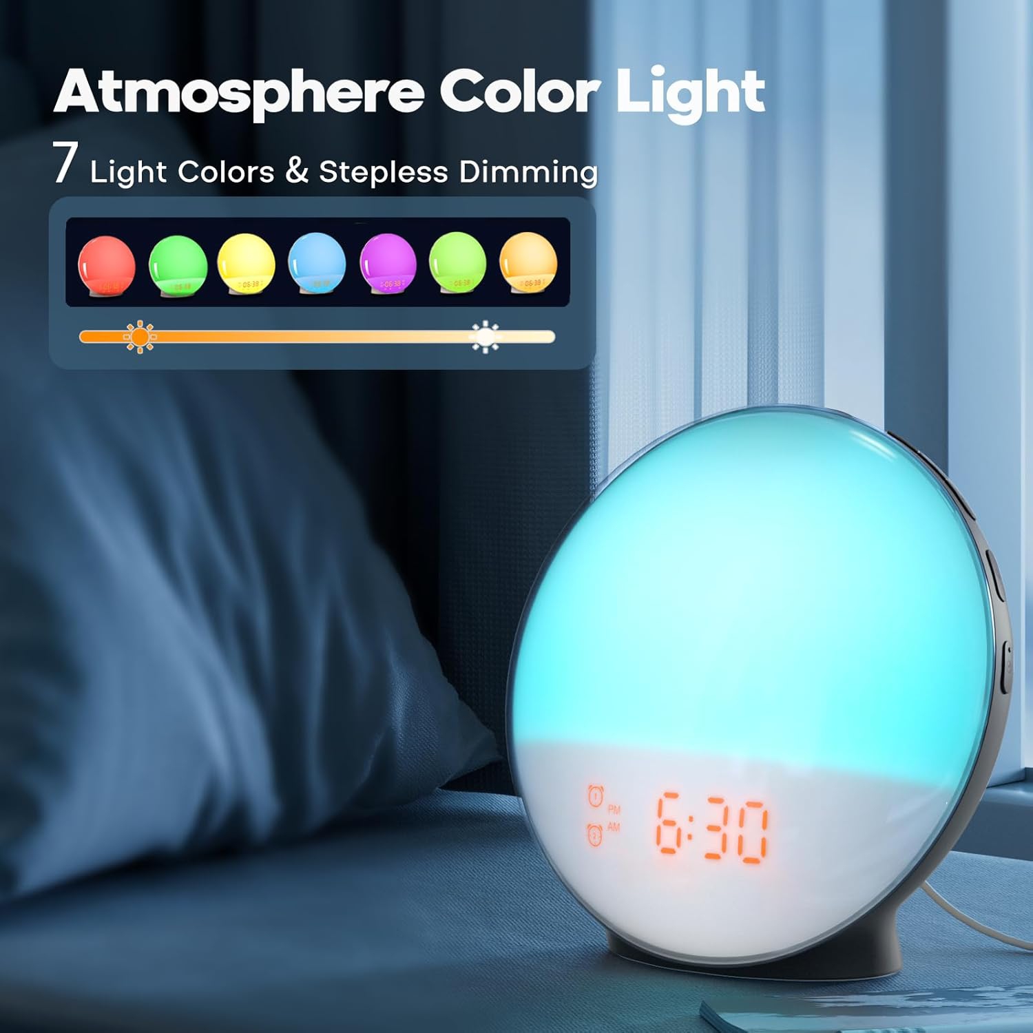 Réveille-matin pour les grands dormeurs, Lumière de réveil avec simulation de lever/coucher de soleil, Deux alarmes, Radio FM, Réveil avec veilleuse