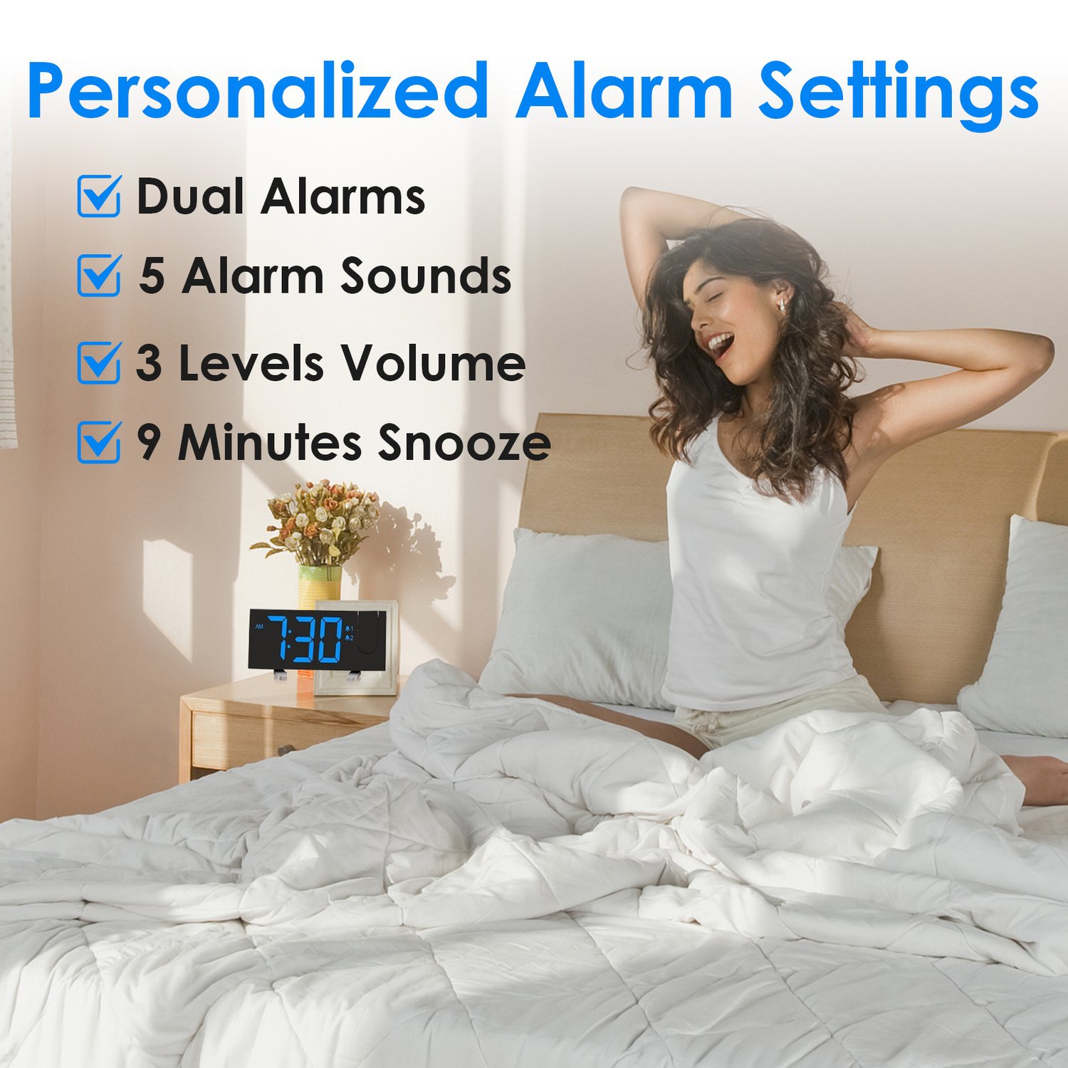 Projection Alarm Clock LED Alarm Clock FM Radio USB Charger Bedside Digital Clock-Blue Font