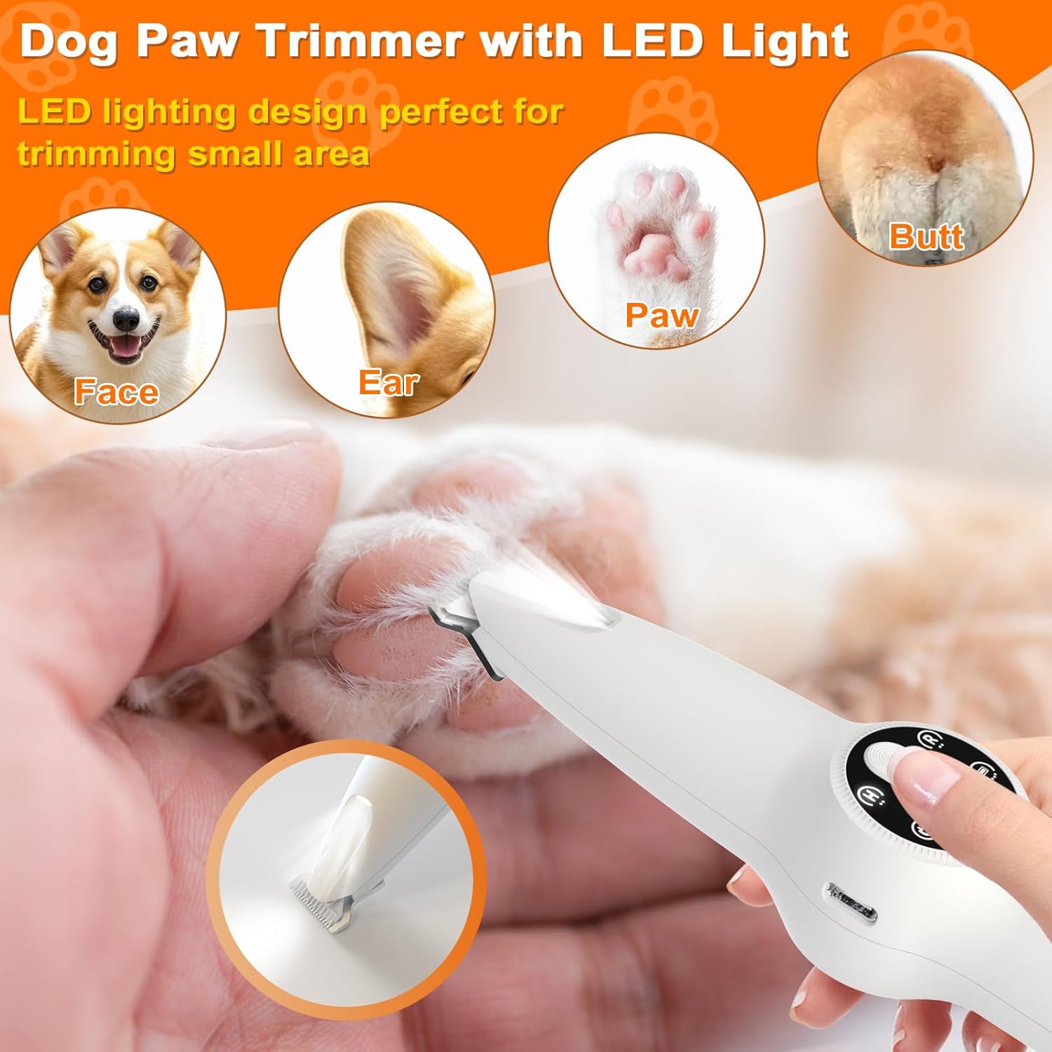Dog Paw Trimmer with LED Light,2 in 1 Dog Grooming Kit,Cordless Dog Nail Trimmer Grinder for Small Medium Large Dogs,Pet Mini Trimmer for Paws Ears