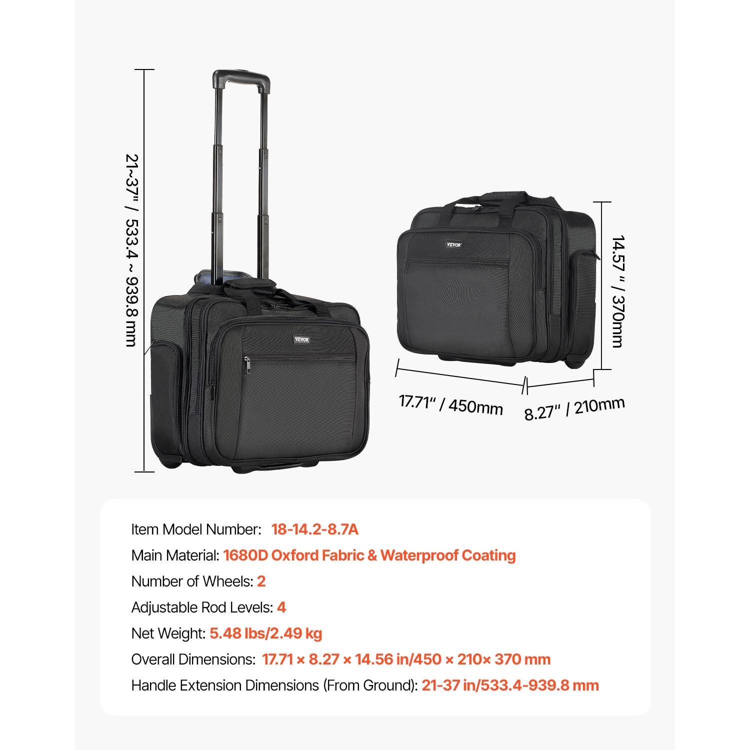 VEVOR Rolling Laptop Bag, Fits Up to 17.3 Inch Laptop, Wheeled Briefcase, Roller Computer Tote Bag with Wheels & Telescoping Handle, Laptop Case for