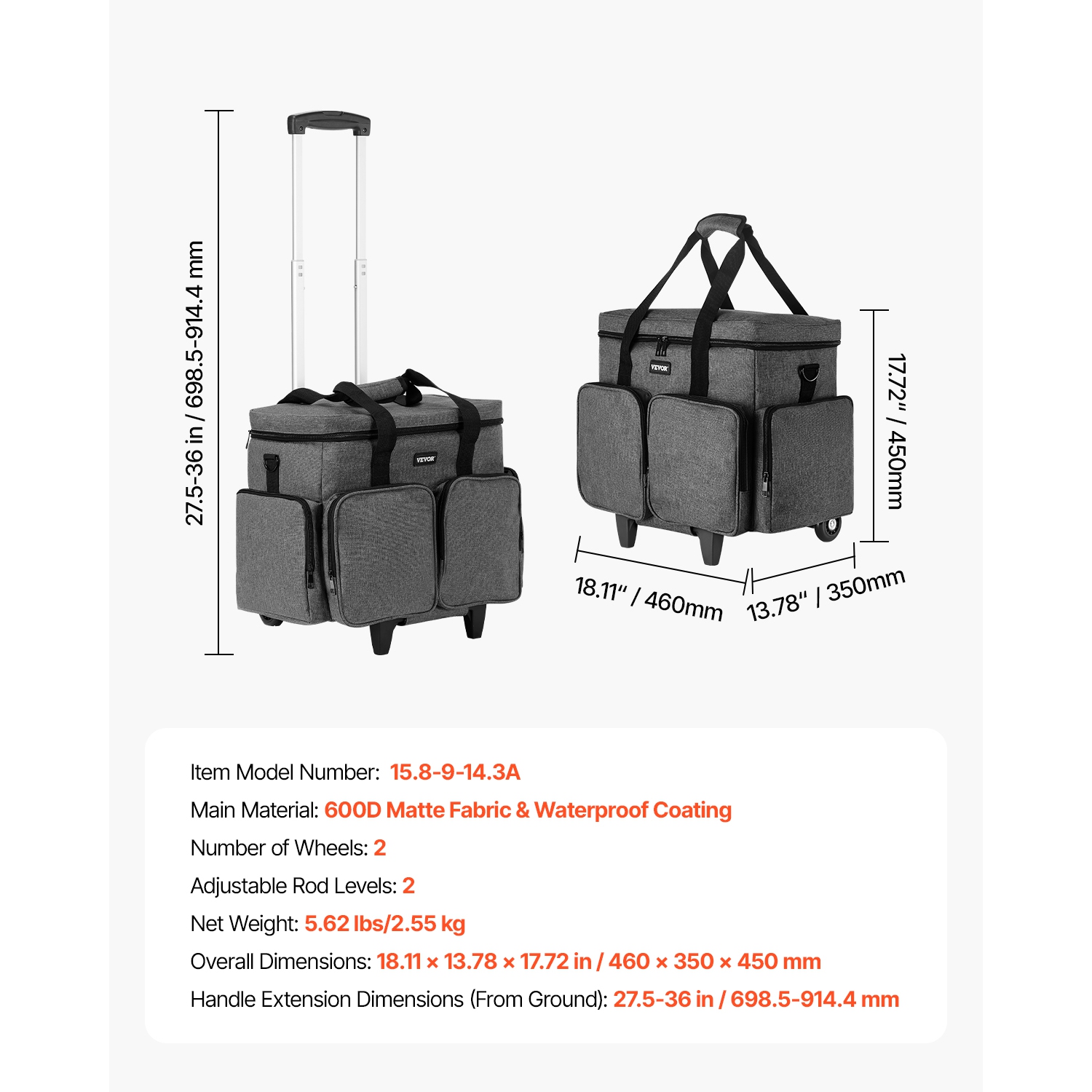 VEVOR Rolling Laptop Bag, Fits Up to 15.6 Inch Laptop, Wheeled Briefcase, Teacher Roller Computer Tote Bag with Detachable Trolley & Telescopic