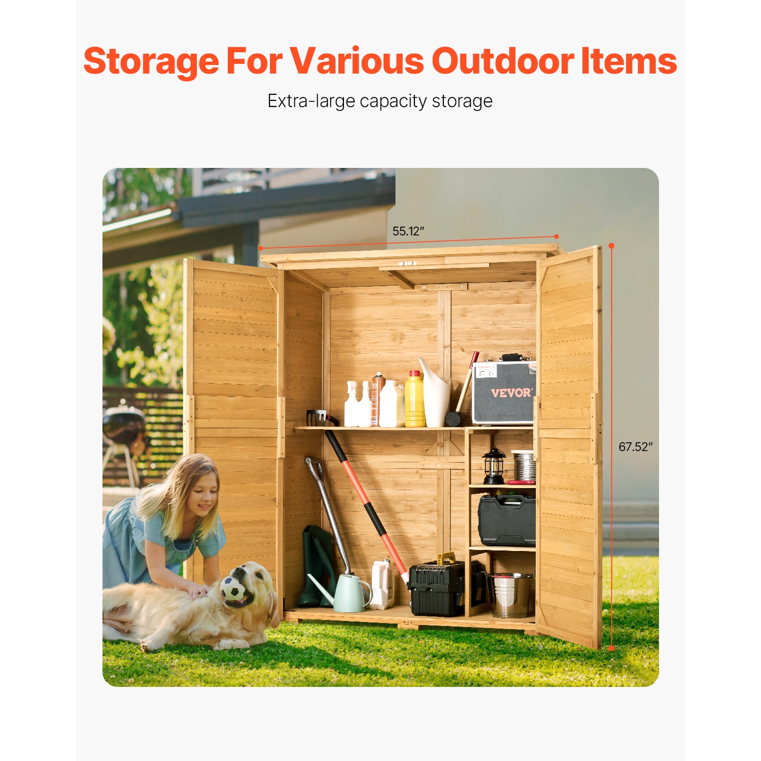 VEVOR 55"x67.5" Outdoor Storage Shed, Large Wooden Outside Storage Cabinet with Waterproof Roof and Metal Frame, Double Lockable Doors Storage House