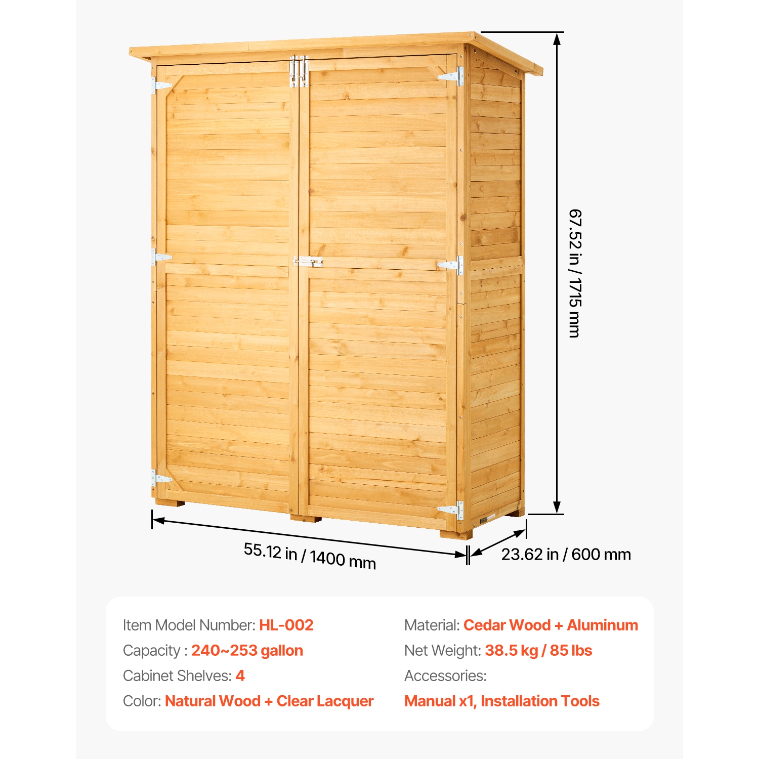 VEVOR 55"x67.5" Outdoor Storage Shed, Large Wooden Outside Storage Cabinet with Waterproof Roof and Metal Frame, Double Lockable Doors Storage House
