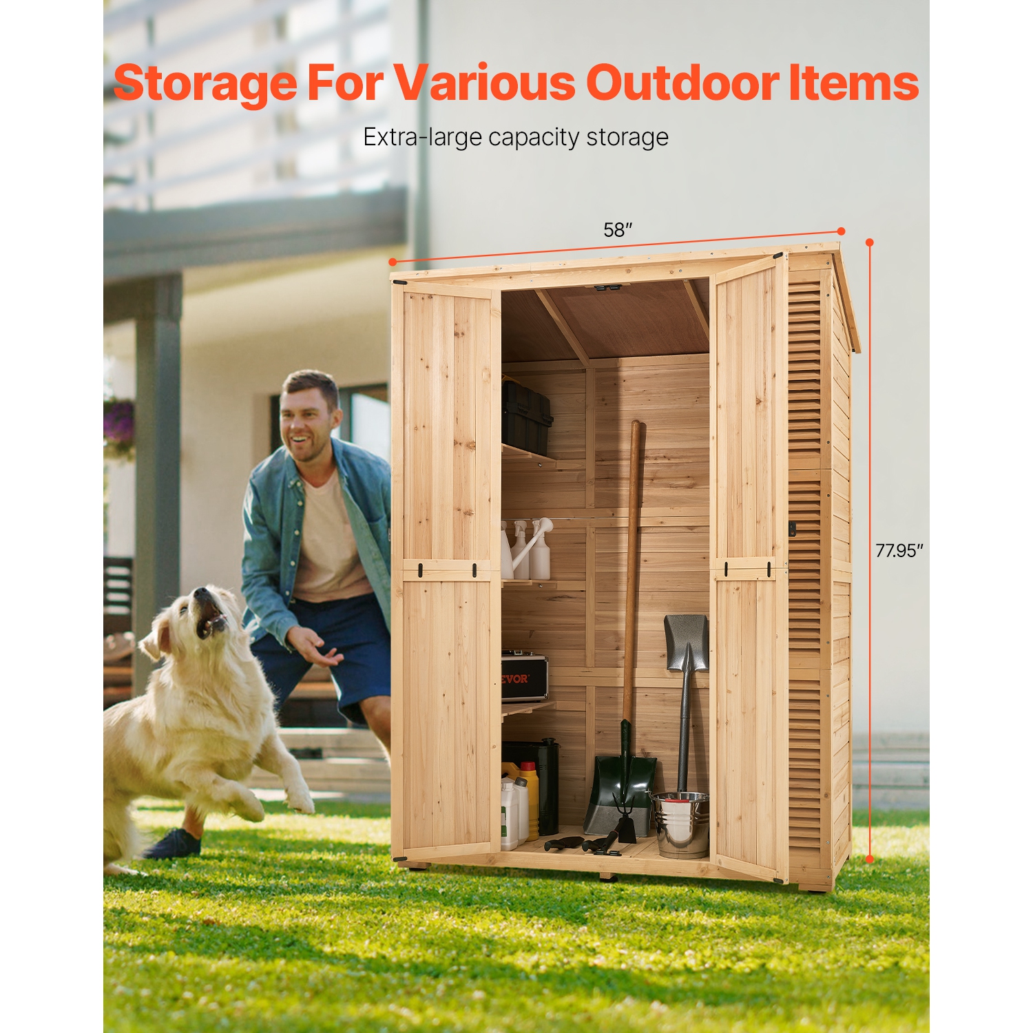 VEVOR 58"x78" Outdoor Storage Shed, Oversize Wooden Storage Cabinet with Waterproof Roof and Metal Frame, Double Lockable Doors Storage House Cabinet