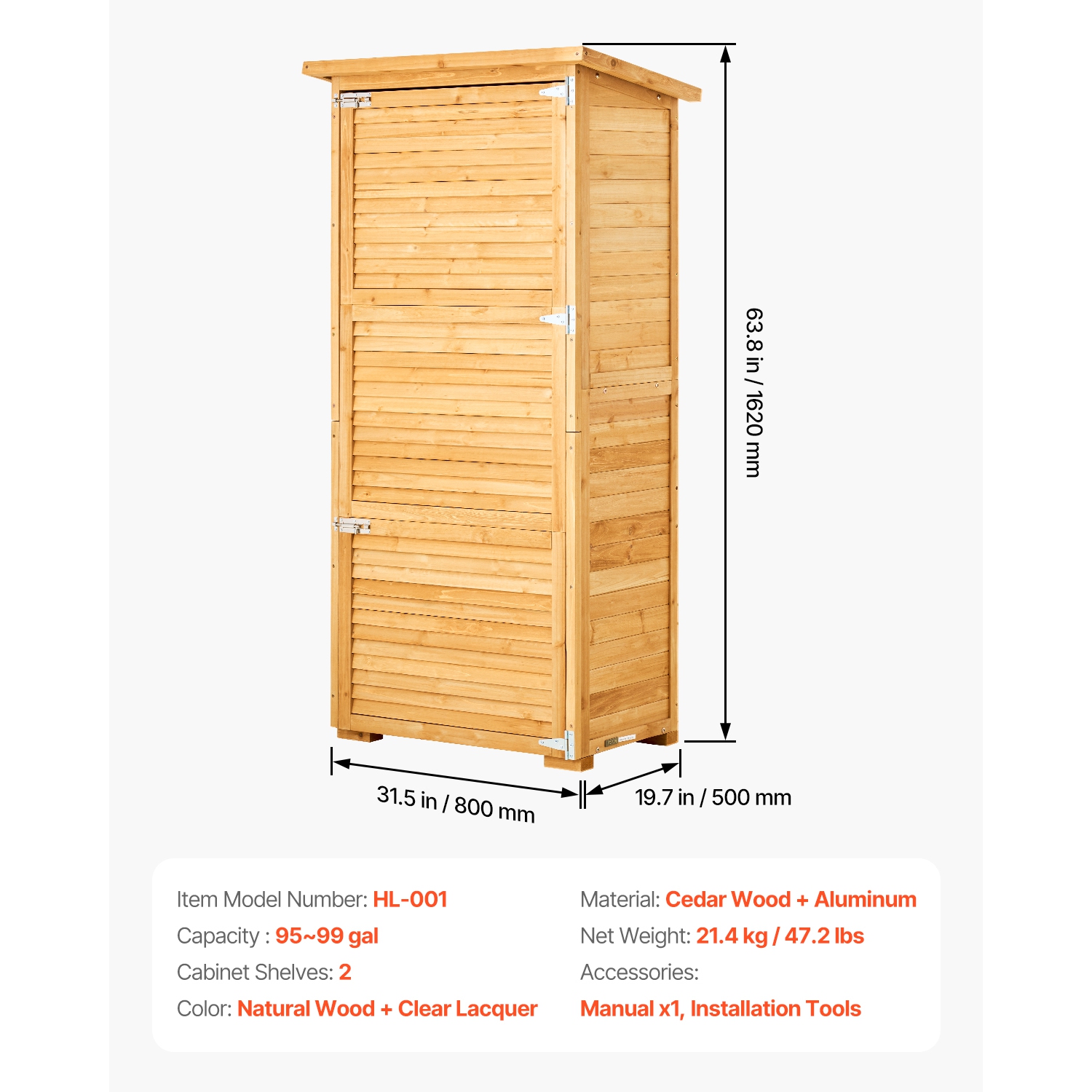 VEVOR 31.5x63.8 inch Outdoor Storage Shed, Large Wooden Outside Storage Shed, Oversize Garden Tool Shed with Metal Frame, Shelves, Floor, Waterproof