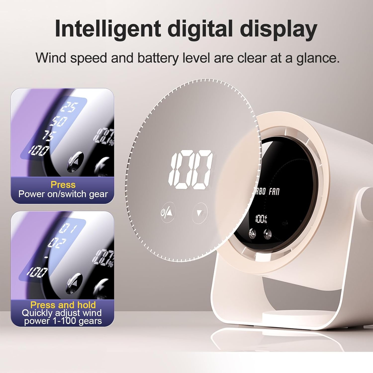 Table Fan Rechargeable Portable Fan 100-speed Adjustable Table Fan with Digital Display Suitable for Bedroom, Dining Room, Living Room, Off-white -