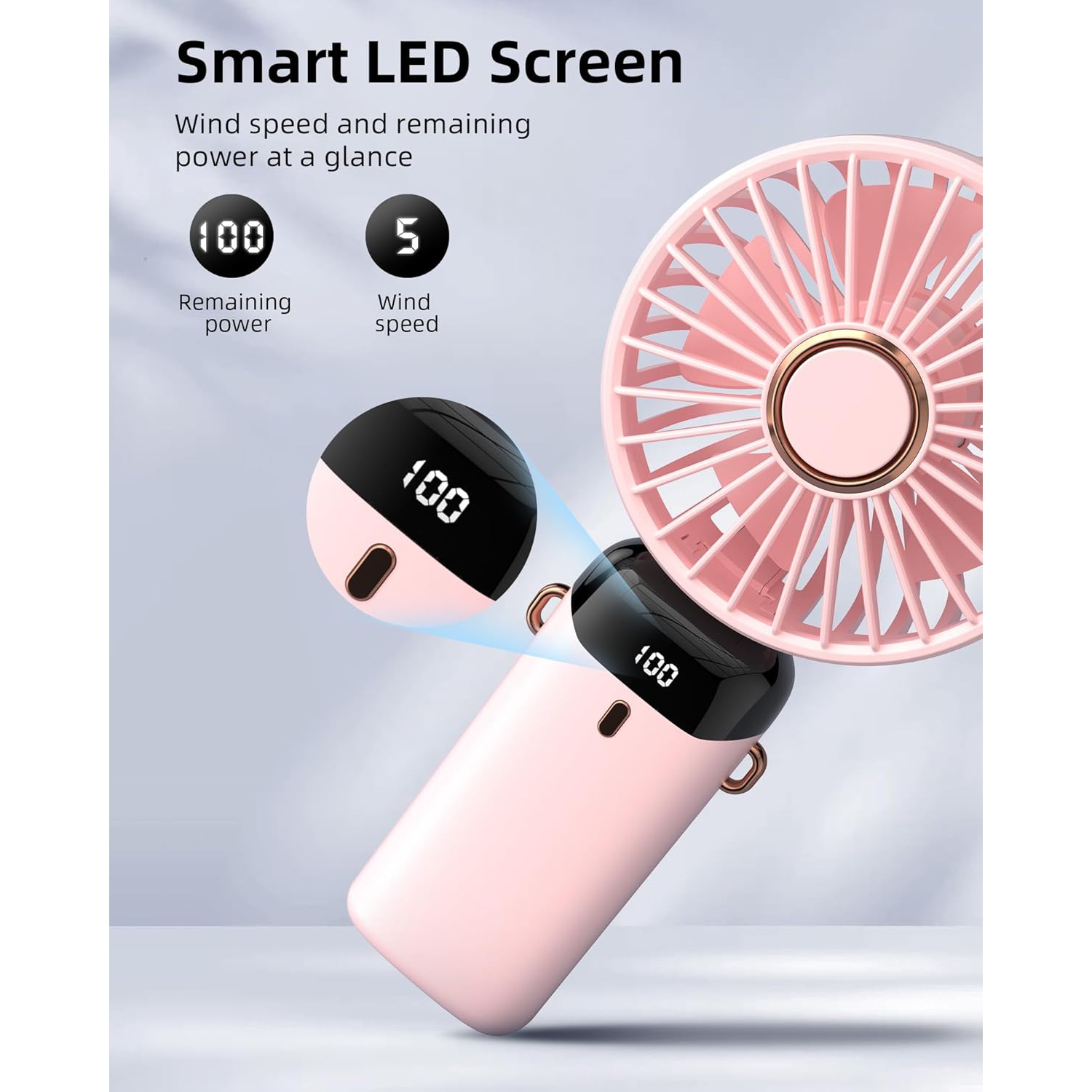 Mini ventilateur portatif pliable petit ventilateur numérique USB chargeur de bureau petit ventilateur électrique de bureau, rose - avec cordon -