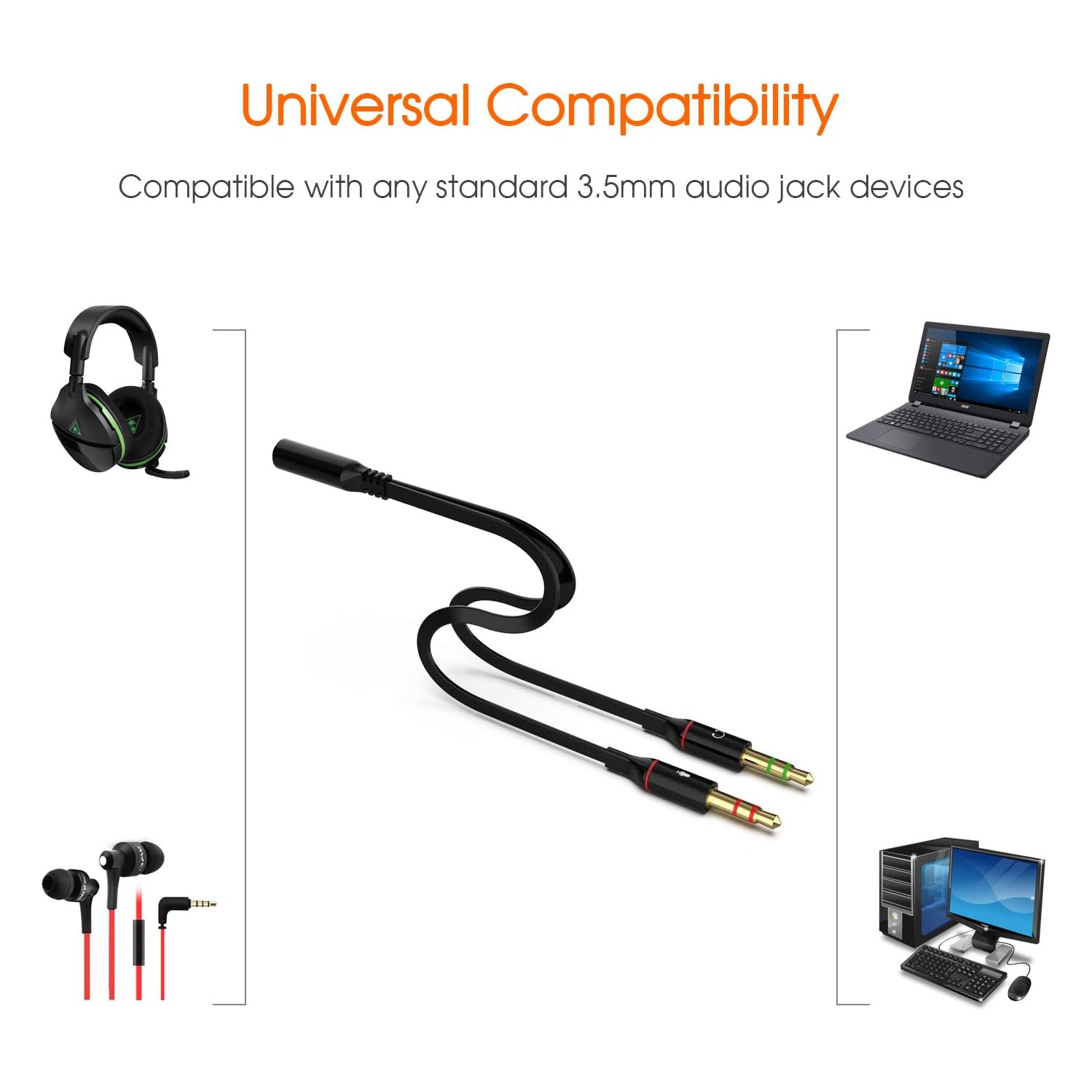 Headphone Splitter Adapter, 3.5mm Computer Microphone Cable, 3.5mm Female Headphone to 2 Dual Male Microphone Audio Stereo Jack Headphone Port