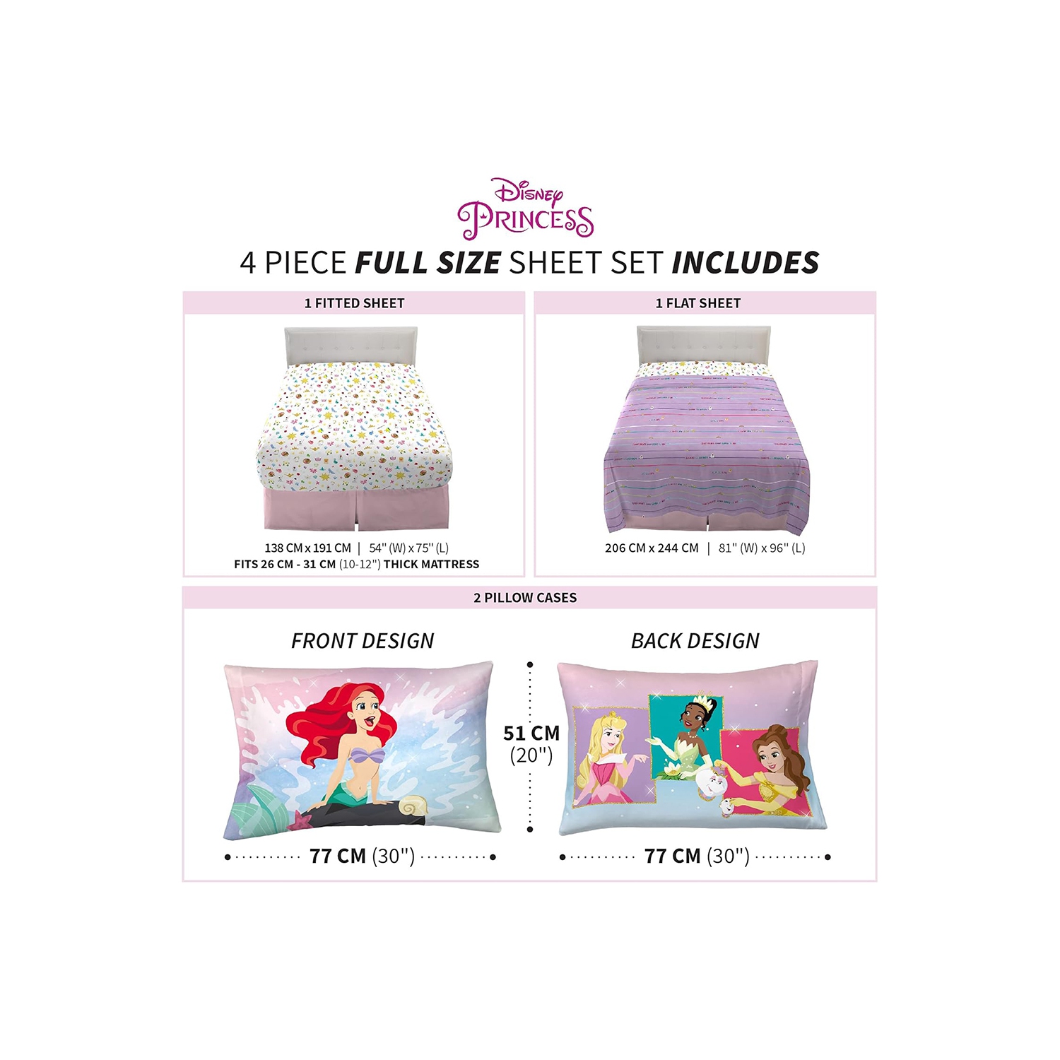 Princess 4-Pcs Full Soft & Cozy Bedding Sheet Set for Kids - 2 Pillowcase, Fitted Sheet, Flat Sheet