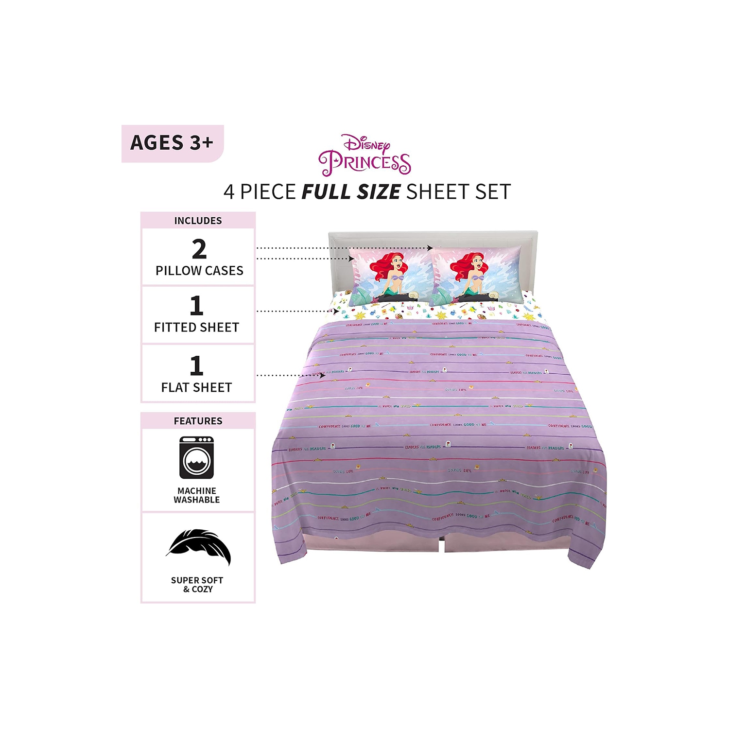 Princess 4-Pcs Full Soft & Cozy Bedding Sheet Set for Kids - 2 Pillowcase, Fitted Sheet, Flat Sheet