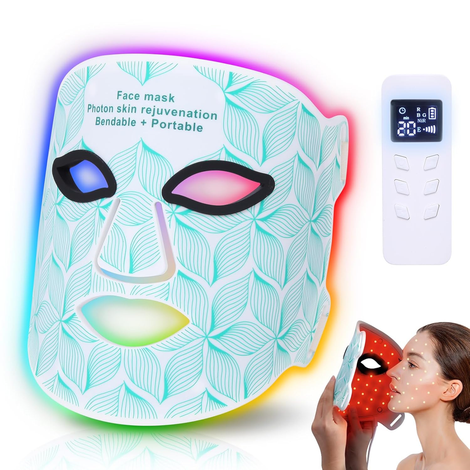 Masque LED thérapeutique léger, 7 couleurs de luminothérapie pour masque visage et cou, Masque de beauté anti-vieillissement pour peau LED