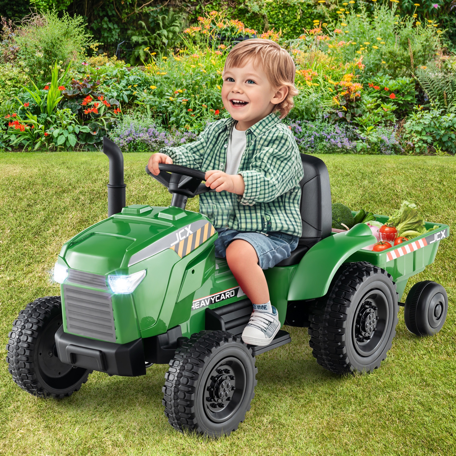 Gymax 2-in-1 Kids Ride On Tractor 12V Battery Powered Toy Car w/ Remote Control Grayish Green
