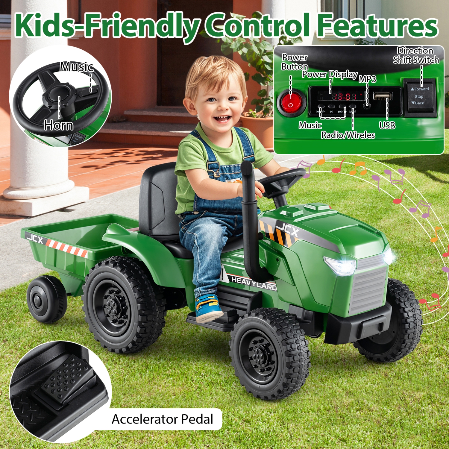 Gymax 2-in-1 Kids Ride On Tractor 12V Battery Powered Toy Car w/ Remote Control Grayish Green