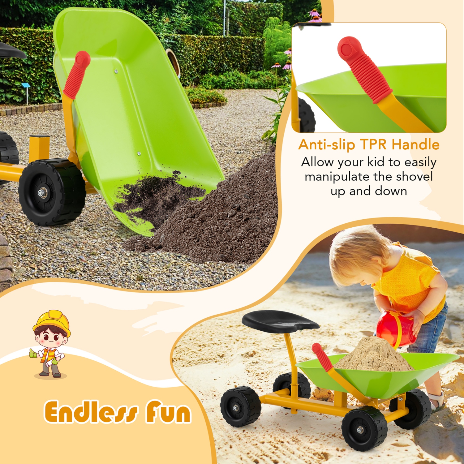 Gymax Kids Ride-On Sand Dumper Outdoor Sandbox Toy w/ Controllable Shovel & 4 Wheels