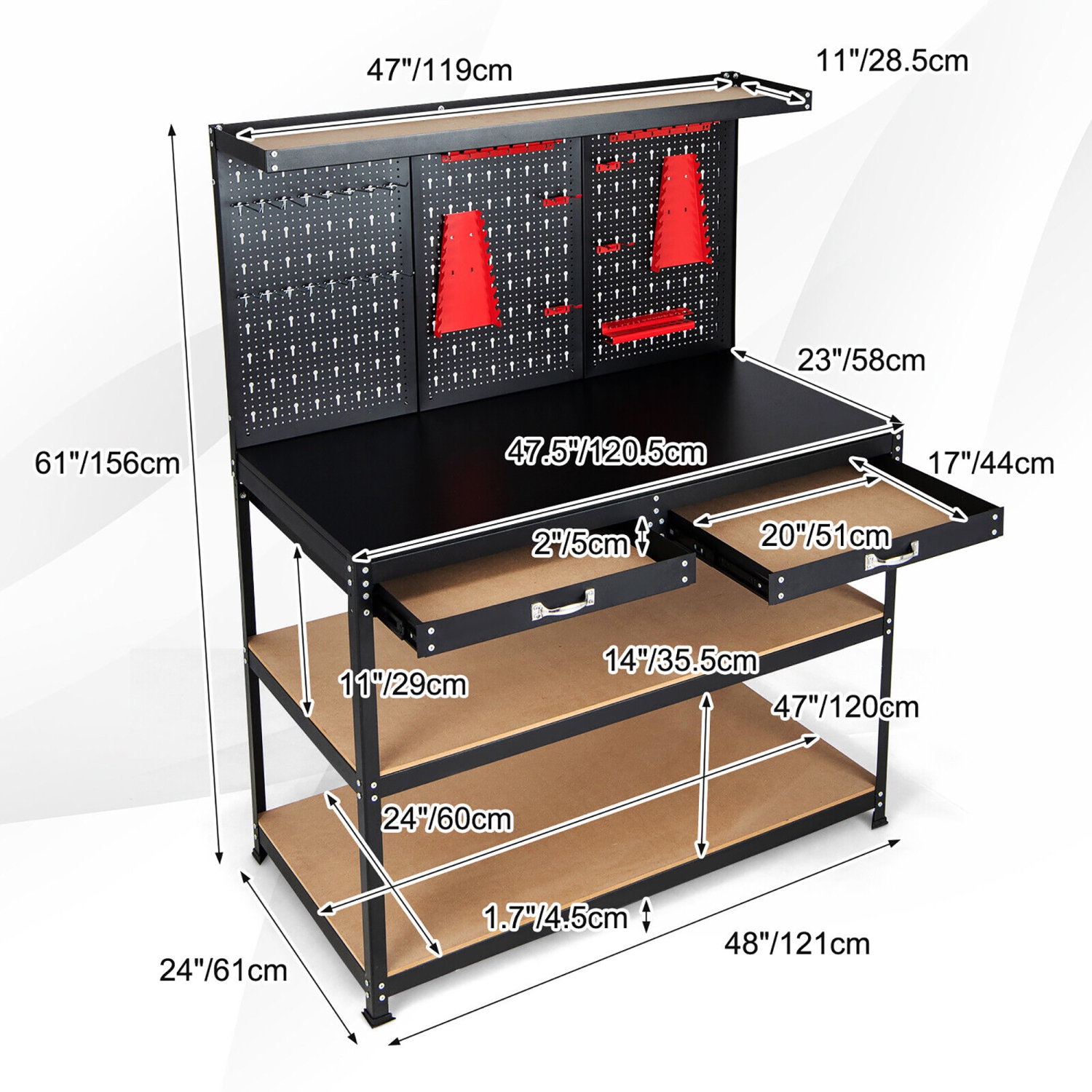 Gymax 48'' Workbench Multipurpose Garage Worktable w/ Peg Board Hook Kit & Drawers