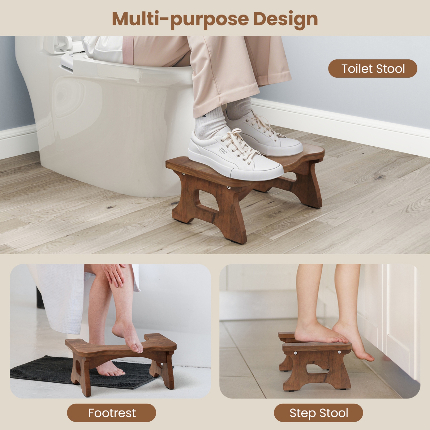 Gymax Teak Wood Toilet Stool 7'' Squatting Potty Stool for Adults & Kids Pooping Stool