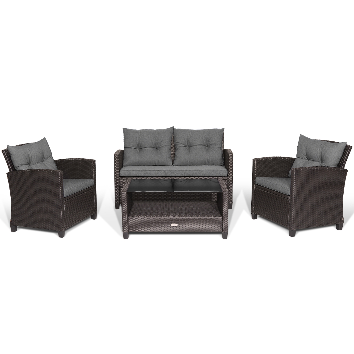 Gymax Set Of 4 Patio Rattan Furniture Set Glass Table Shelf Sofa Cushion Grey