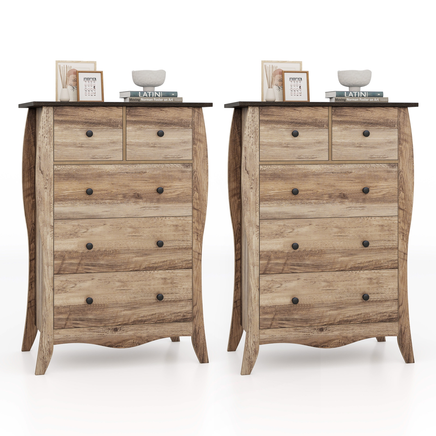 Gymax 2PCS 38'' Farmhouse Chest of Drawers w/ 5 Folding Fabric Drawers & Anti-tipping Kit