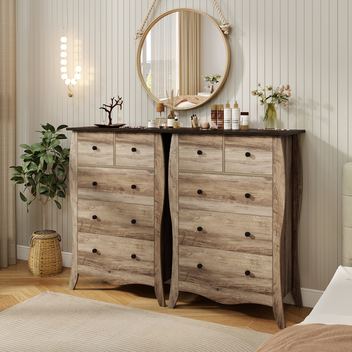 Gymax 2PCS 38'' Farmhouse Chest of Drawers w/ 5 Folding Fabric Drawers & Anti-tipping Kit