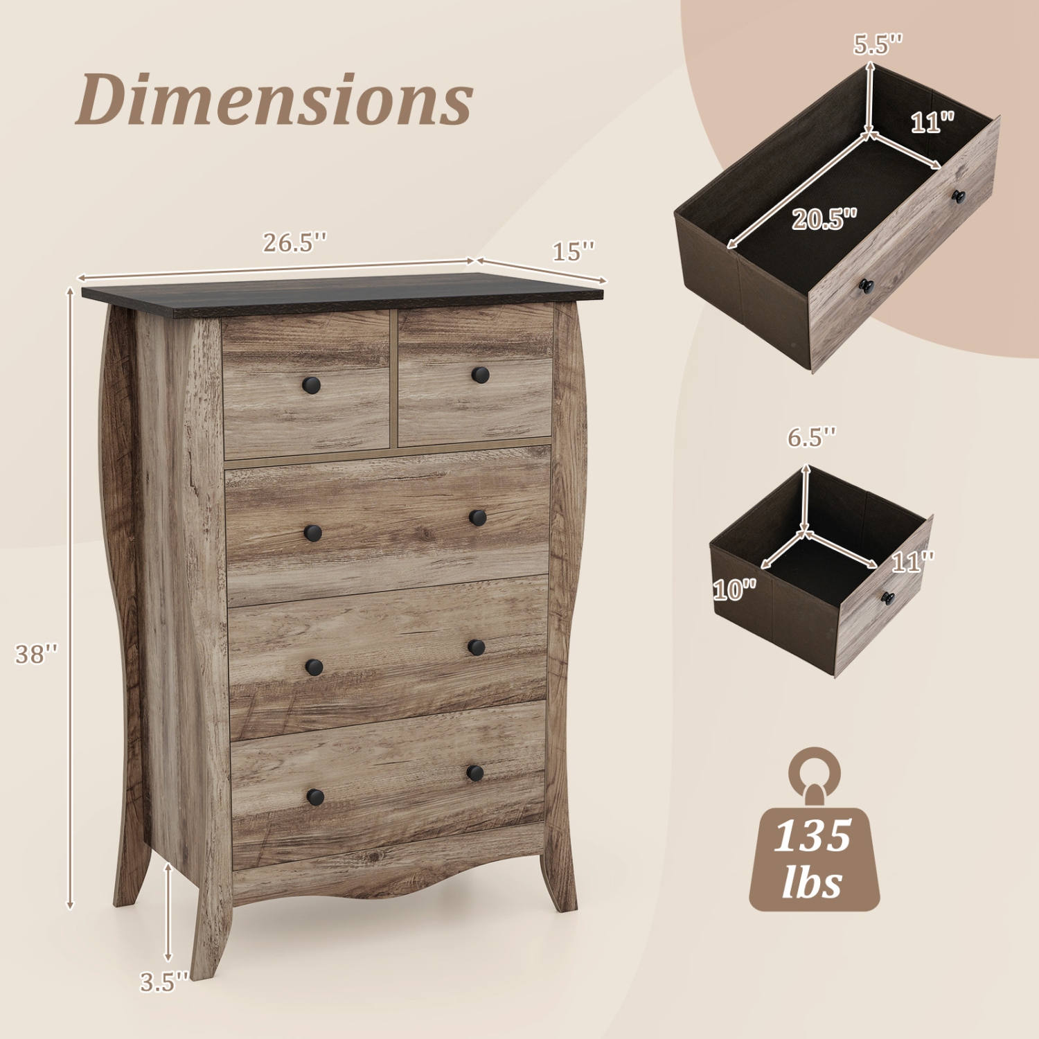 Gymax 2PCS 38'' Farmhouse Chest of Drawers w/ 5 Folding Fabric Drawers & Anti-tipping Kit