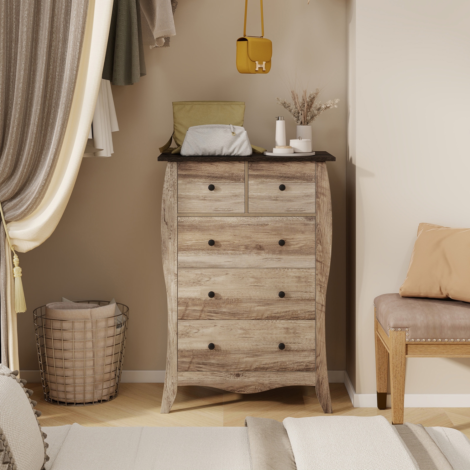 Gymax 2PCS 38'' Farmhouse Chest of Drawers w/ 5 Folding Fabric Drawers & Anti-tipping Kit