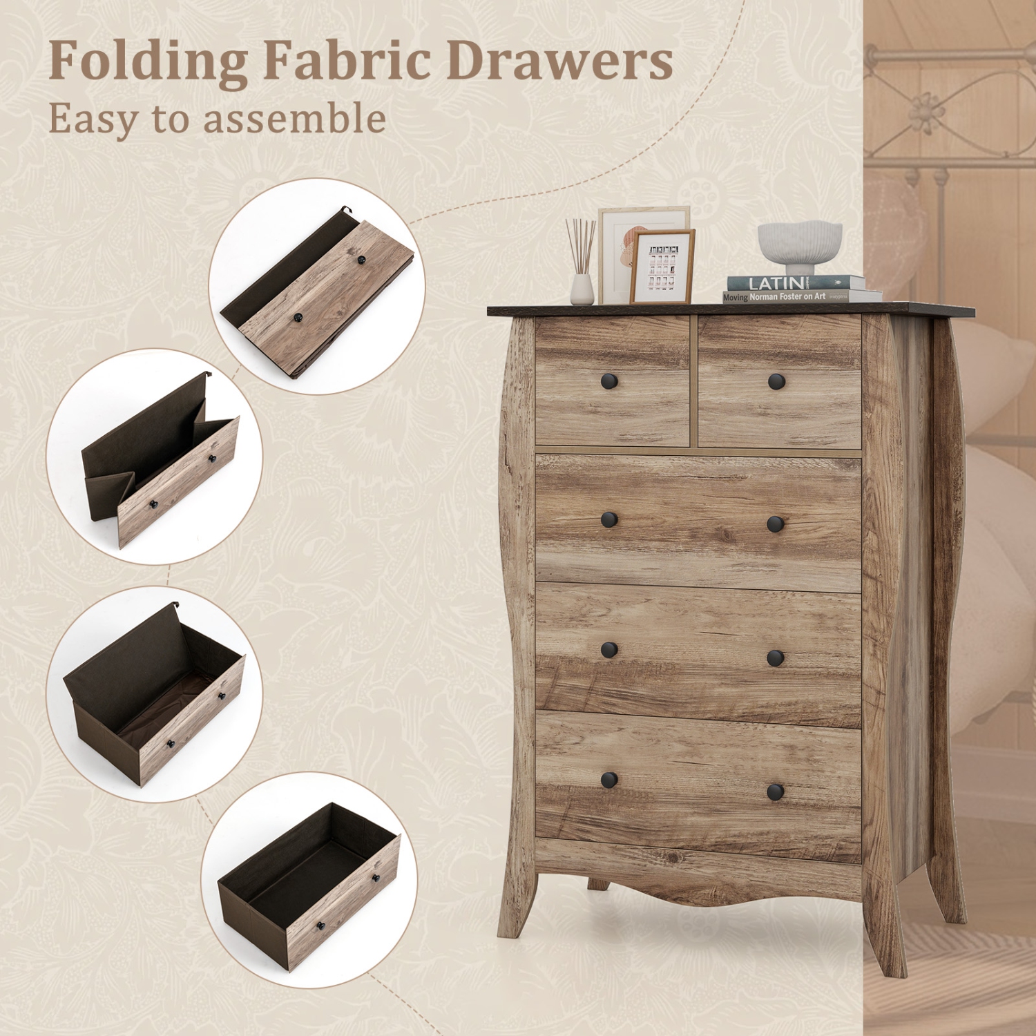 Gymax 2PCS 38'' Farmhouse Chest of Drawers w/ 5 Folding Fabric Drawers & Anti-tipping Kit