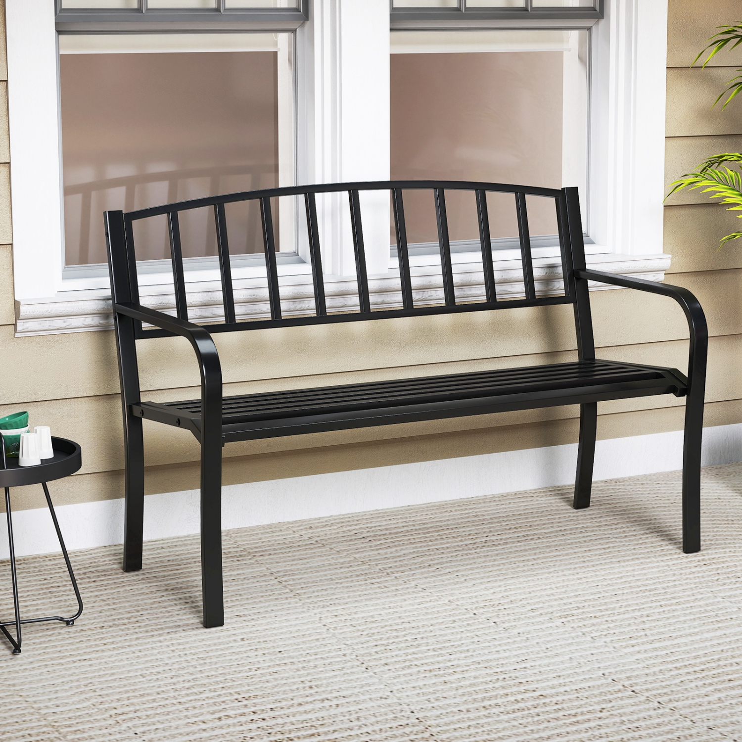 Gymax 50 Inches Garden Bench w/ Slatted Backrest & Curved Armrests for Porch