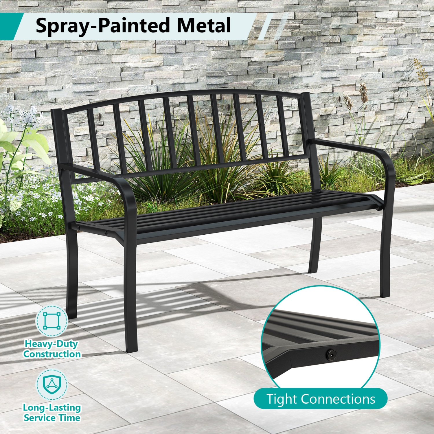 Gymax 50 Inches Garden Bench w/ Slatted Backrest & Curved Armrests for Porch