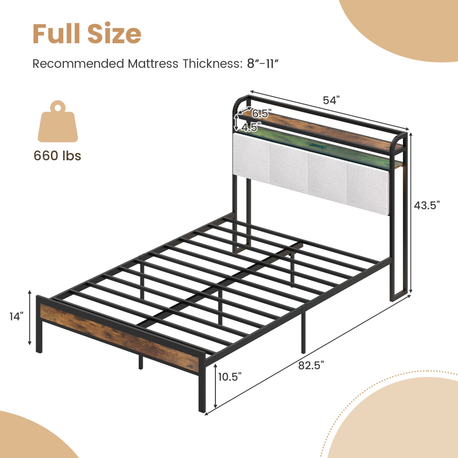 Gymax Full Size Bed Frame w/LED Light & Charging Station Heavy Duty Metal Platform Bed