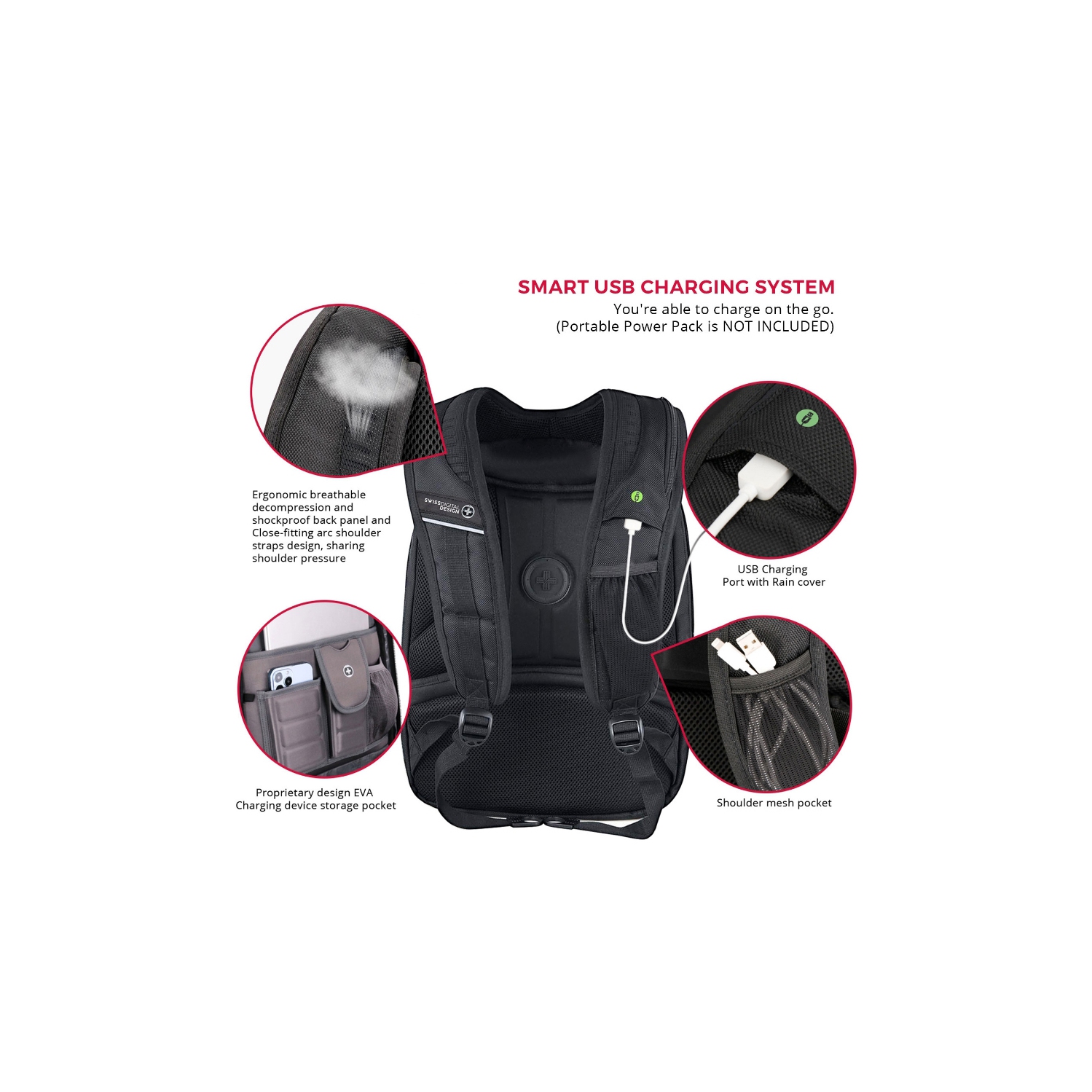 Sac à dos Terabyte de Swissdigital – Sac pour portable de 15,6&nbsp;po, chargement USB, détecteur SDD, protection RFID, grande capacité Garantie de 2