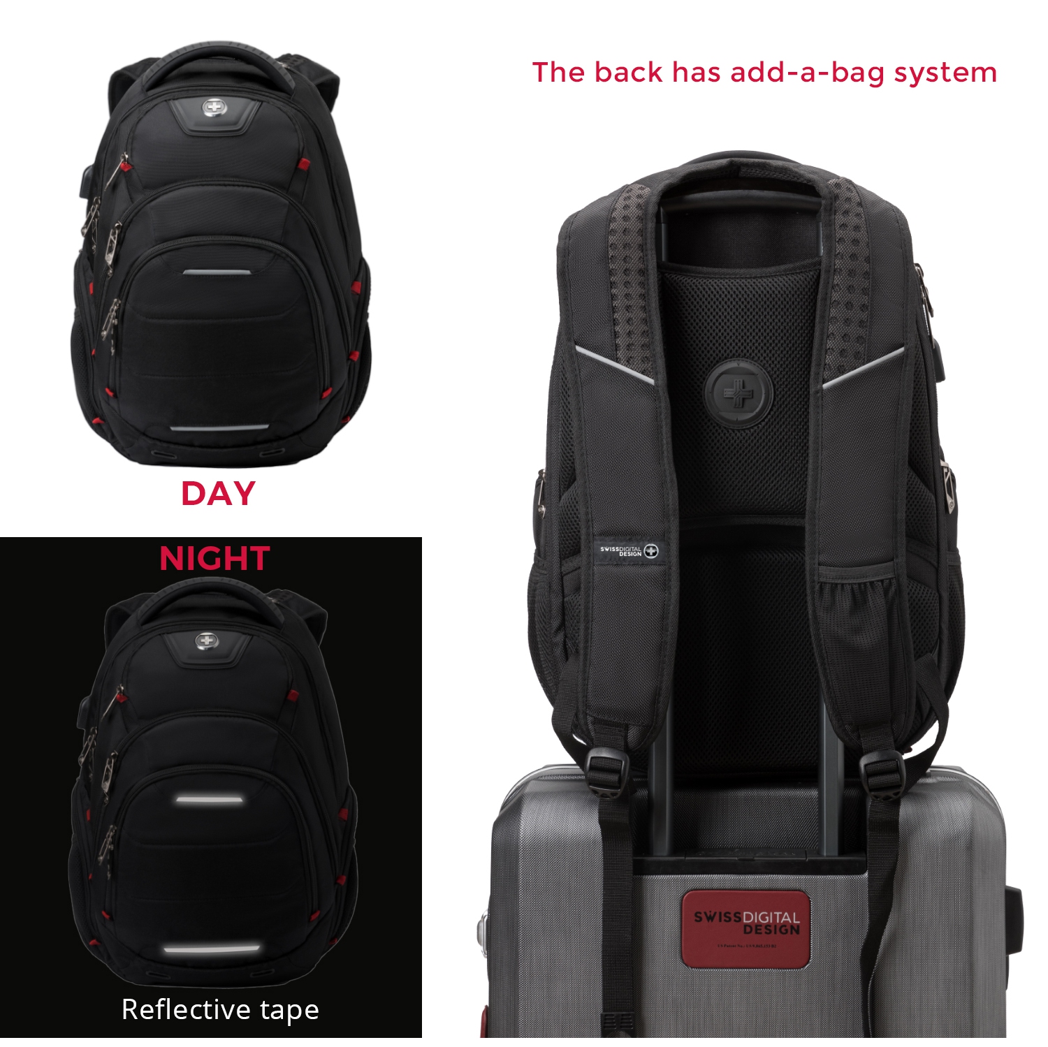 Swissdigital Neptune Backpack – 16" Laptop Bag, USB Charging, SDD Finder, RFID Protection, TSA-Friendly, Add-A-Bag System