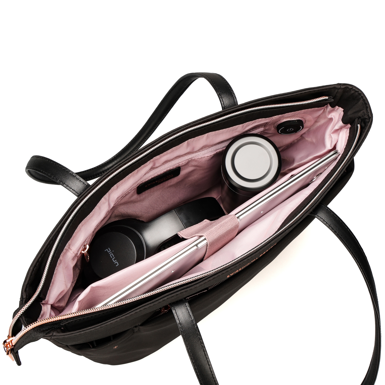 Sac fourre-tout rose KATY de Swissdigital pour portable de 16&nbsp;po, recharge USB, lampe LED, protection RFID, hydrofuge Multipochettes