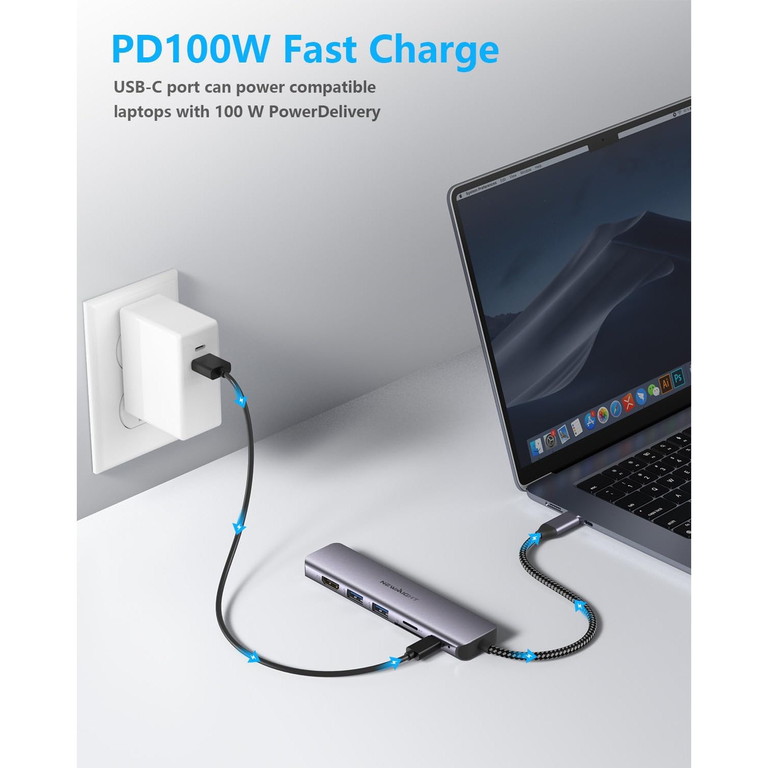 Newmight 7 in 1 USB C Hub with Ethernet - Type C to HDMI Adapter, 4K HDMI, 2 USB 3.0 Ports, 100W Power Delivery, SD/TF Card Reader, Ethernet Port