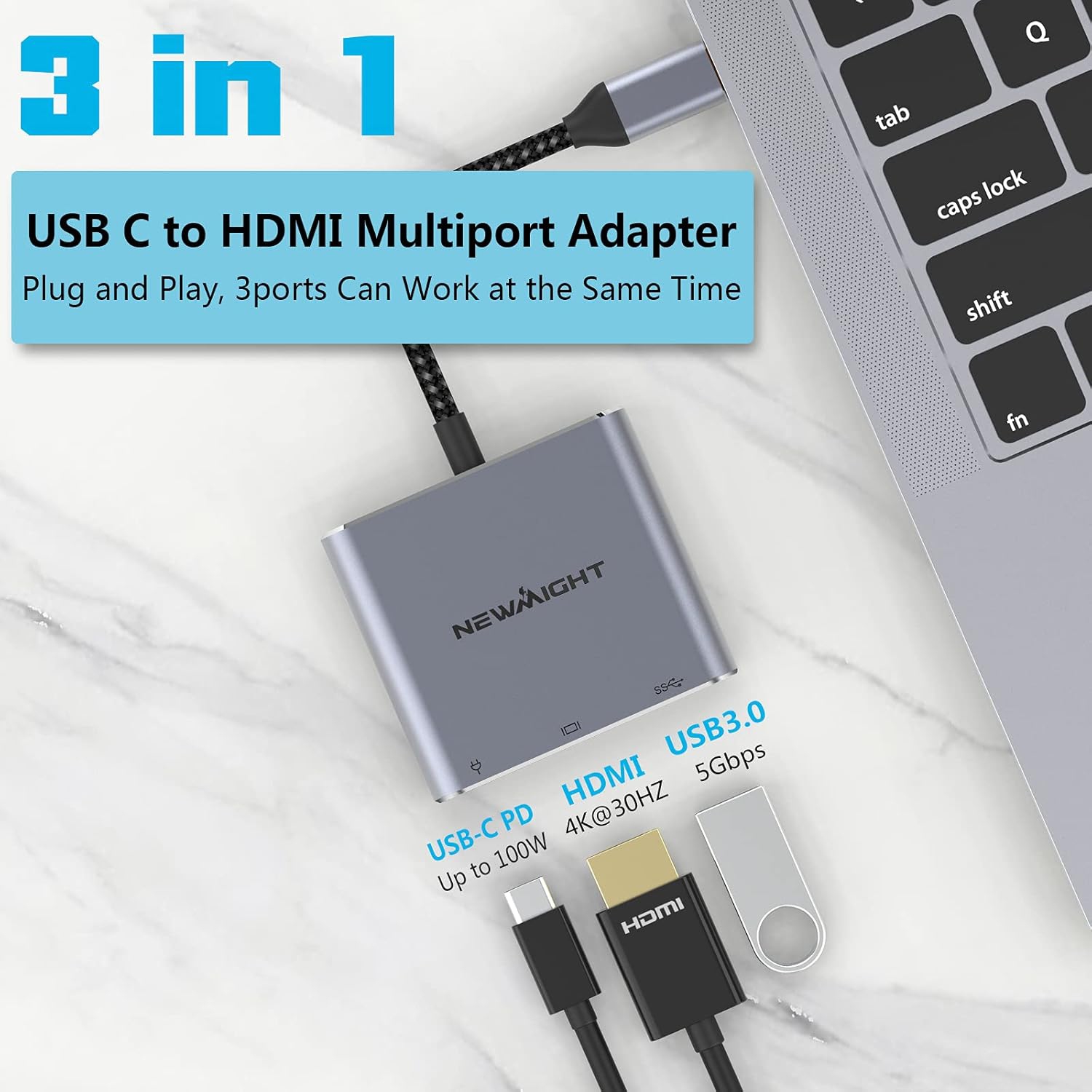 Newmight USB C to HDMI Adapter - 4K HDMI, USB 3.0, 100W Charging Port for MacBook, iPad Pro, and More