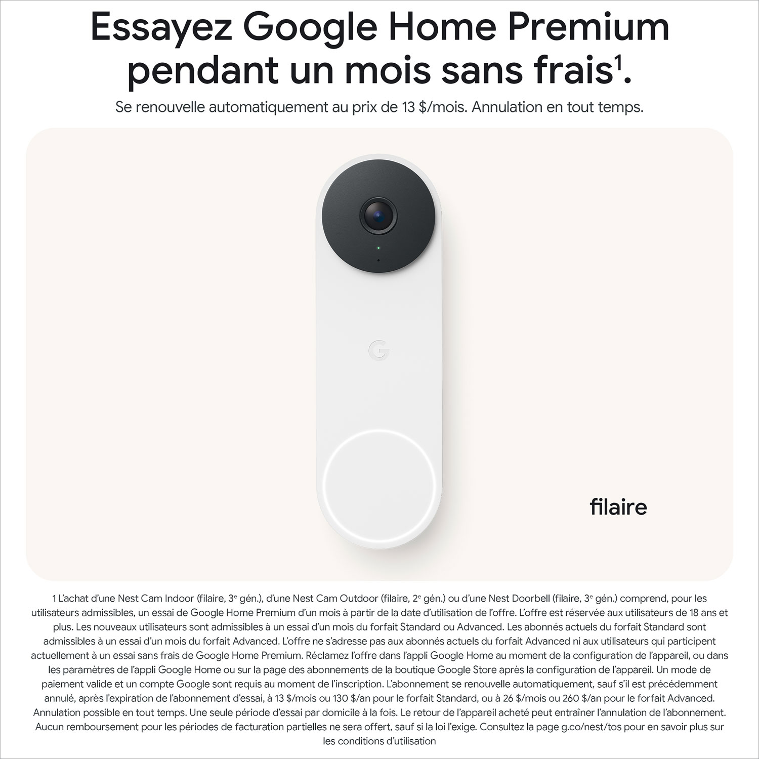 Sonnette vidéo Wi-Fi avec fil Nest de Google avec Gemini - Neige