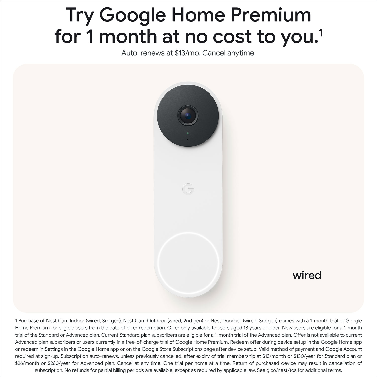 Sonnette vidéo Wi-Fi avec fil Nest de Google avec Gemini - Neige