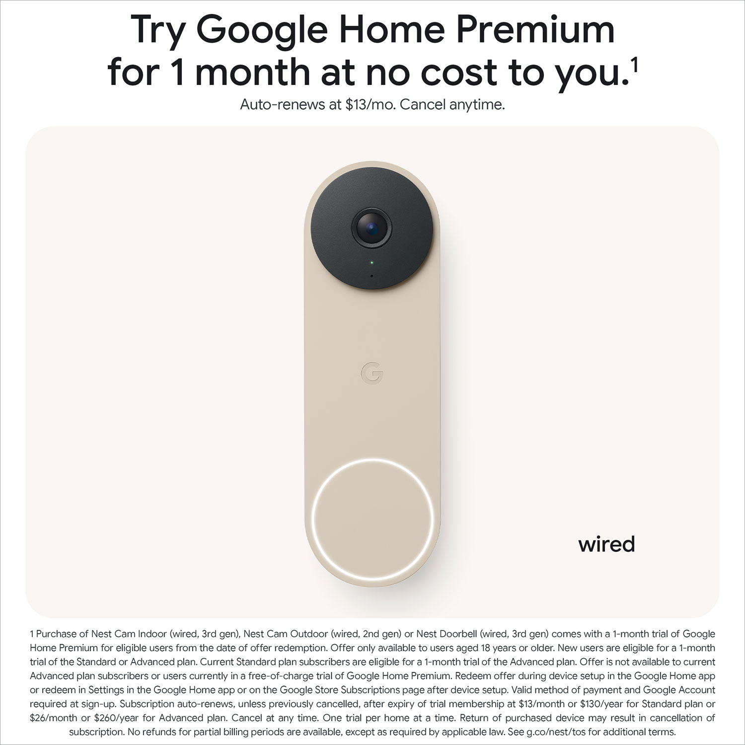 Google Nest Wi-Fi Video Doorbell (3rd Gen) with Gemini - Linen