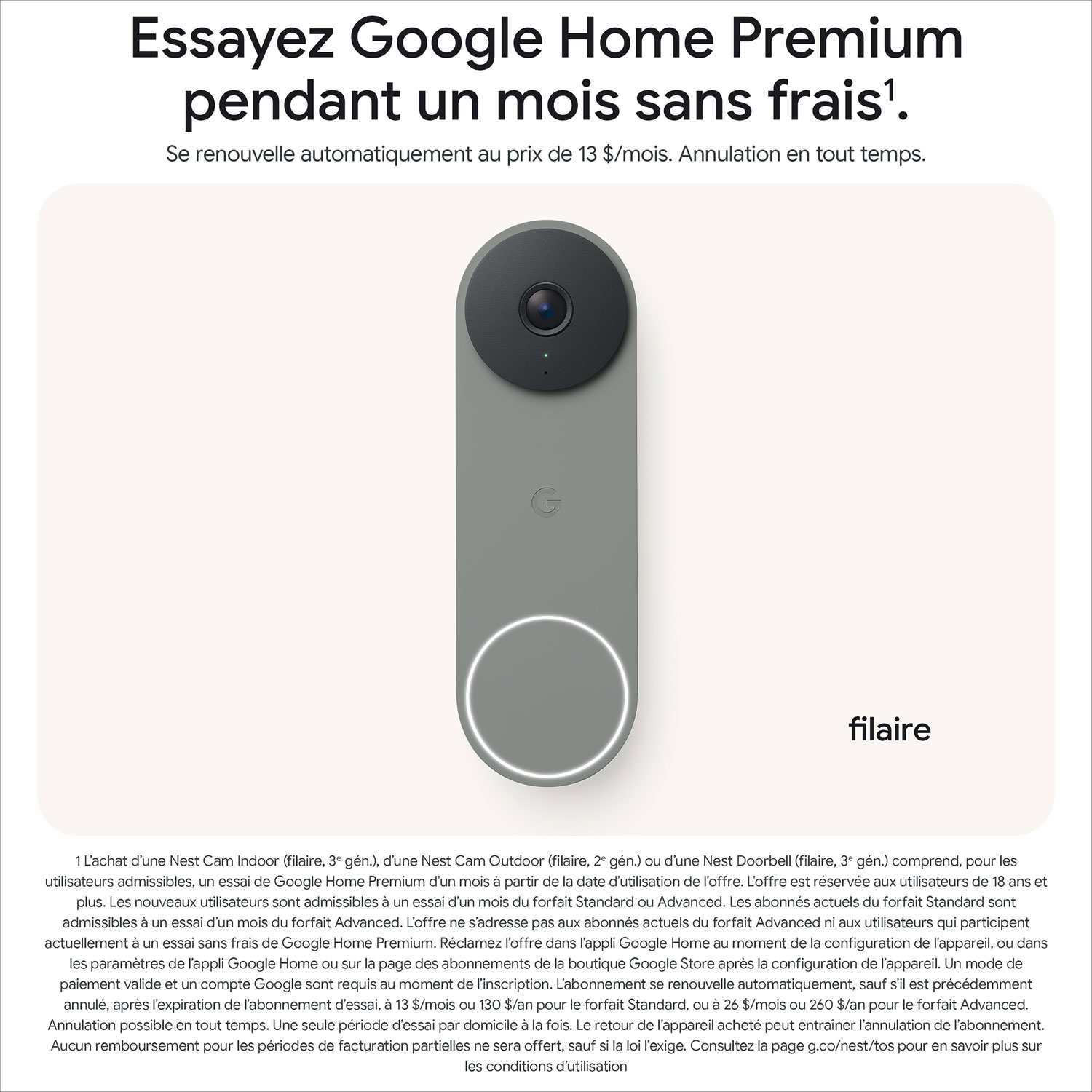 Sonnette vidéo Wi-Fi avec fil Nest de Google avec Gemini - Vert lichen