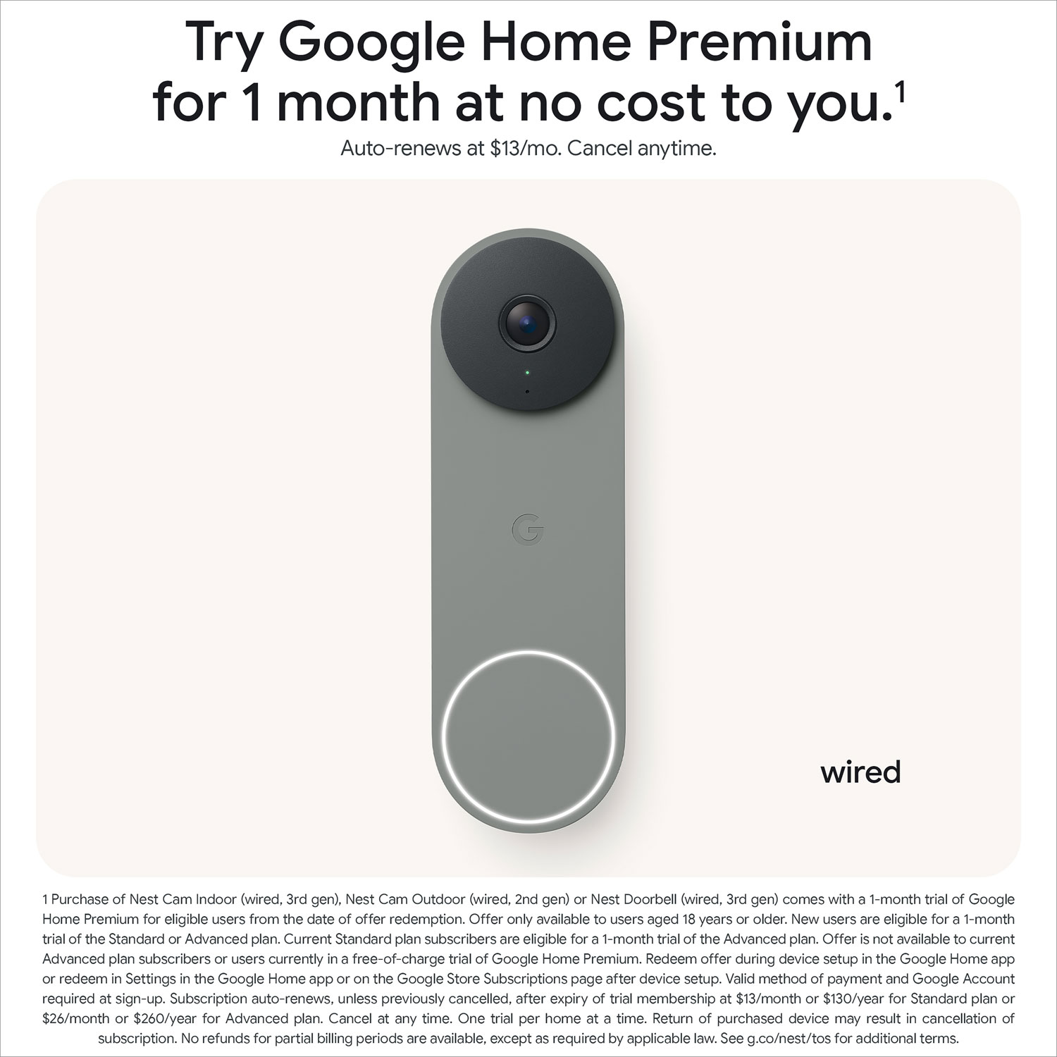 Sonnette vidéo Wi-Fi avec fil Nest de Google avec Gemini - Vert lichen